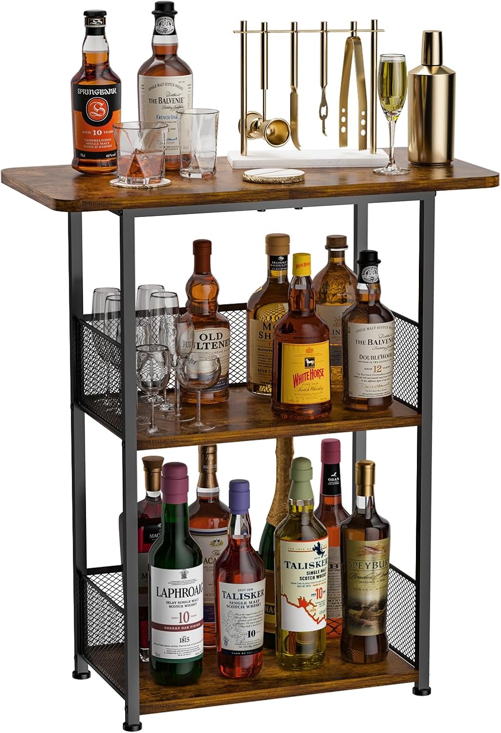 Eyteenokk Floor Standing Freestanding Whiskey Rack: 3 Tier Wine Rack Mini Bar Table Corner Wine Bottle Display Stand Liquor Cabinet Bar, for Bottles,Cocktail Shaker,Mugs