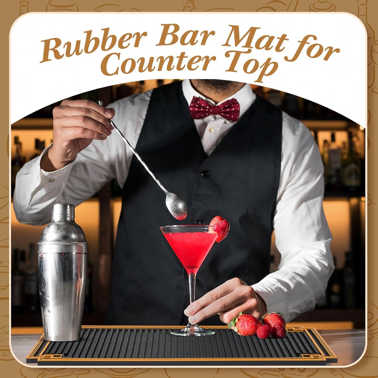 Drydiet 2 Pcs 24 x 4 Inch Bar Mat Non Slip Rubber Mat with Gold Border Durable Stylish Spill Cocktail Service Coffee Mats for Restaurants Barbershop Clippers Bartending, Black