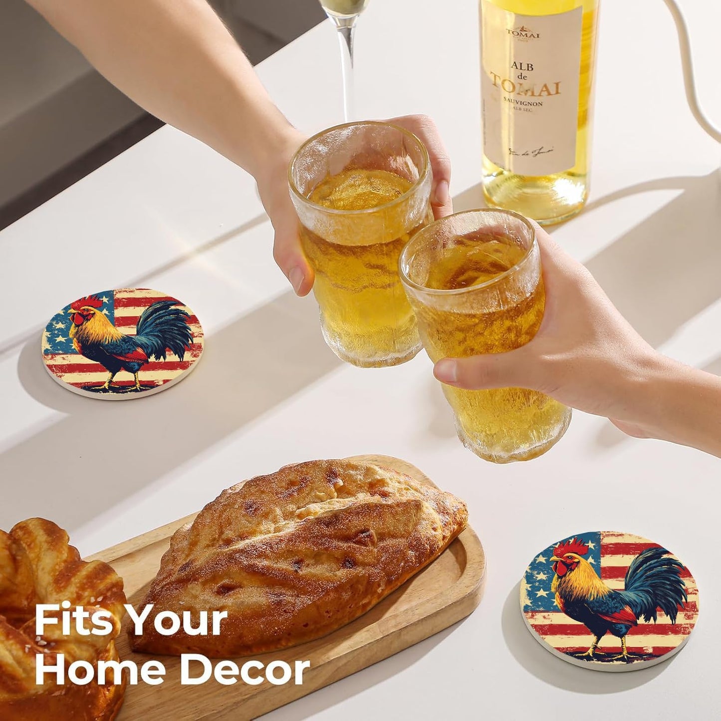 American Flag Coasters Set of 6, Rooster Retro Round Absorbent Ceramic Stone Coaster with Metal Holder and Cork Base, Country Vintage Drinks Coasters for Coffee Table, Kitchen, Party, Gifts