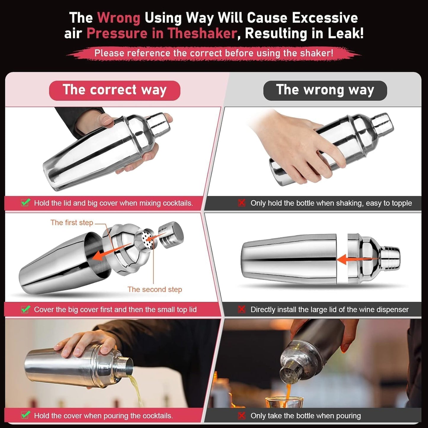 Cocktail Shaker 24oz Martini Bar Drink Shaker Bar tools with Built-In Strainer for Bartender, Professional 18/8 Stainless Steel Margarita Mixer for Mixed Drinks (Black)