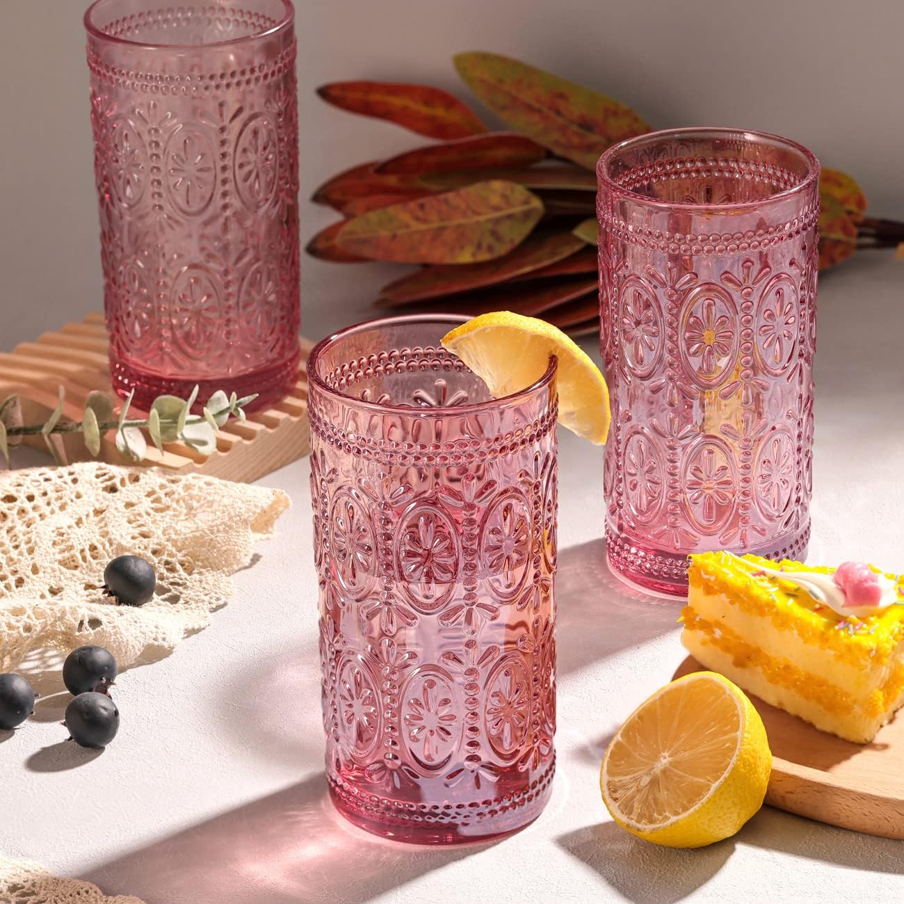 Darlion 6 Pack Pink Glassware Drinking, 12oz Highball Embossed Beverage Glass Cup, Vintage Drinking Glasses, Colored Water Glasses for Party Wedding Home Office and Gift