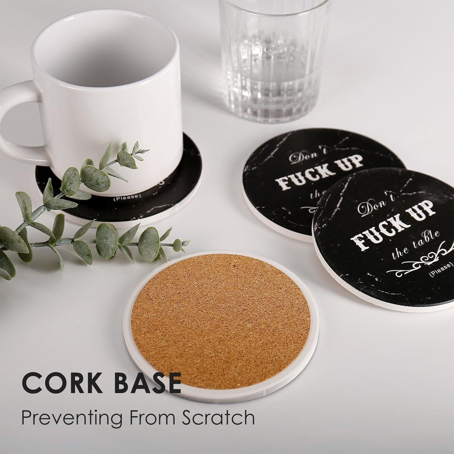 Drink Coasters Set of 6 with Holder, Absorbent Ceramic Coasters with Cork Base for Coffee Table, Rustic Marble Coasters Home Decor Housewarming Gift (Round-Black, 6)