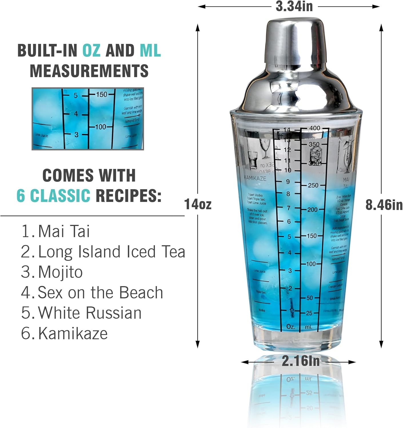 EVERYDAY COCKTAIL - Professional Glass Cocktail Shaker 14 oz, Martini Shaker with Recipes and Measurements, Built-in Strainer and Leakproof Seal, Clear Bar Tool for Margaritas, Martinis