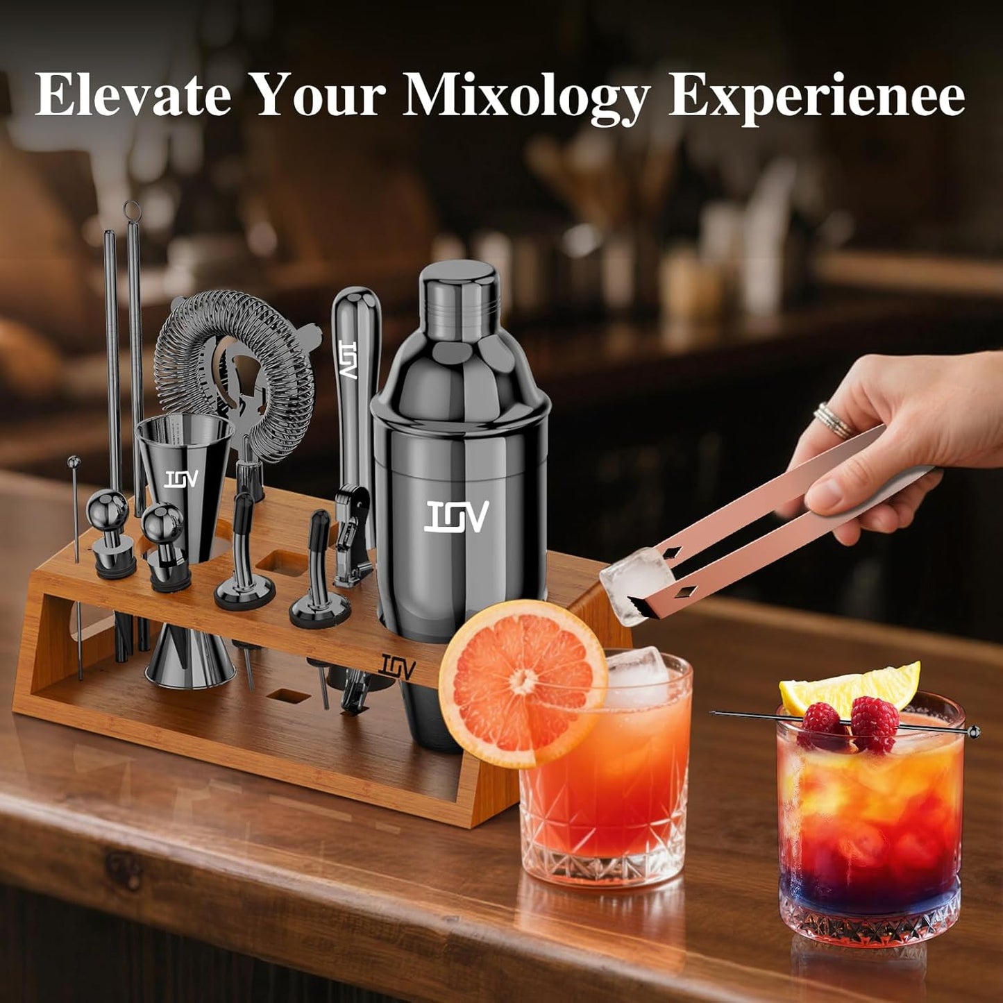 IOV Cocktail Shaker Set Bartender Kit with Stand | Bar Set Drink Mixer Set Includes Martini Shaker, Jigger, Strainer, Mixing Spoon, Muddler, Recipe Book | Home Bar Accessories Gift Set (Black)