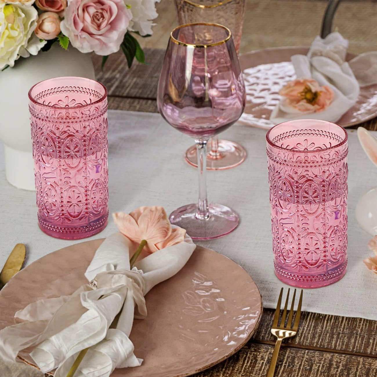 Darlion 6 Pack Pink Glassware Drinking, 12oz Highball Embossed Beverage Glass Cup, Vintage Drinking Glasses, Colored Water Glasses for Party Wedding Home Office and Gift
