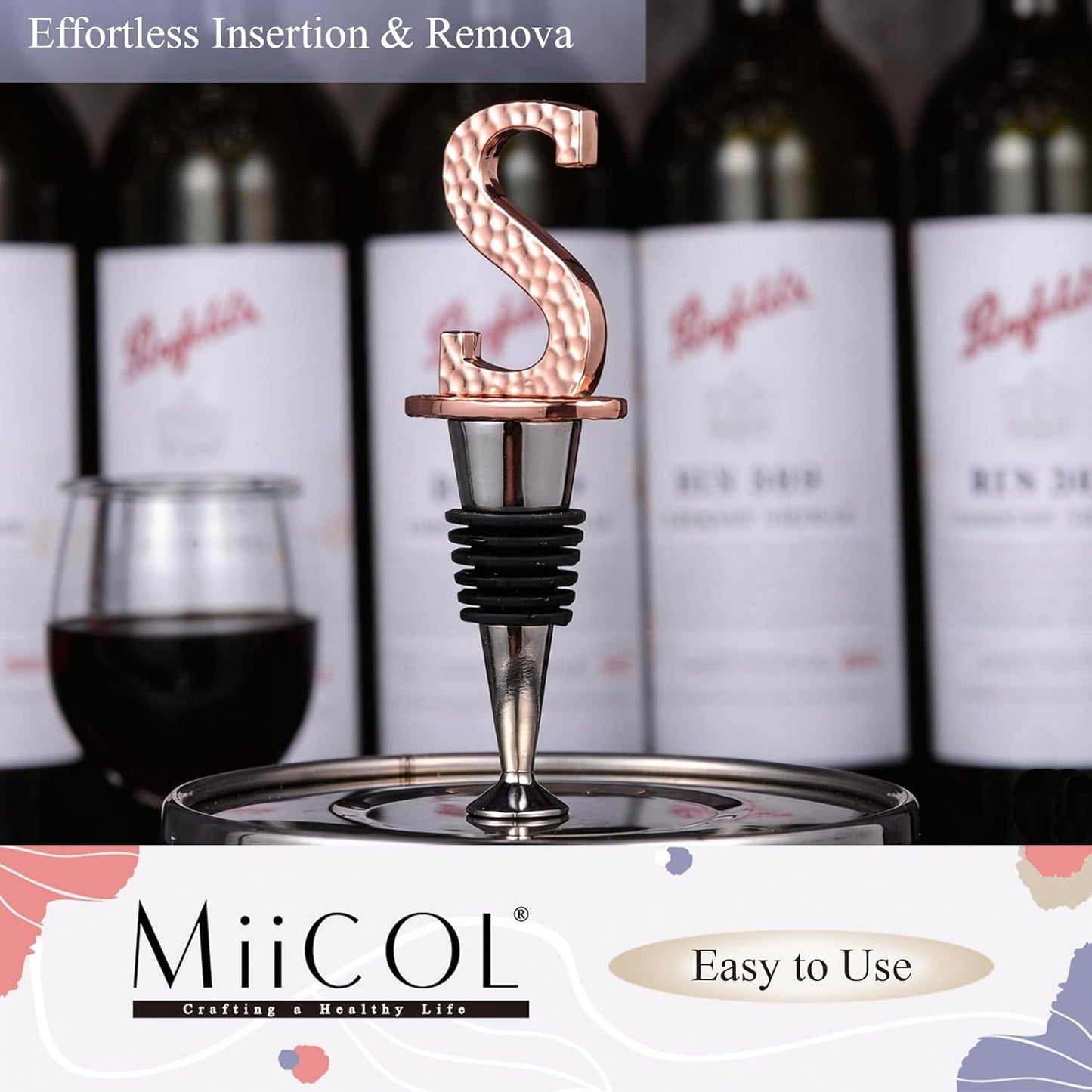 Miicol Wine Stopper, Prosecco Topper, Personalised Champagne Stopper, Rose Gold Wine Bottle Accessories, Wine Lovers Gift, Monogram Gift, Letter S