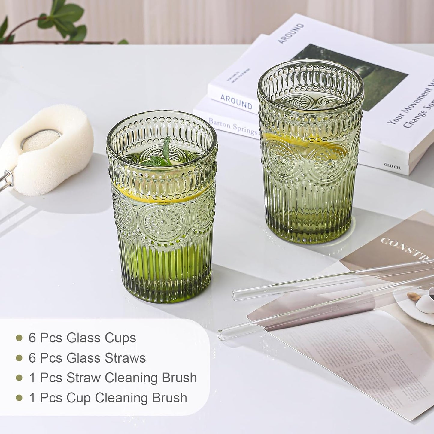 ZMOWIPDL Vintage Glassware Drinking Glasses Set of 6,13 oz Green Textured Flower Design Glass Water Tumblers，Embossed Striped Drinkware for Water,Cocktails,Juice,Iced Coffee