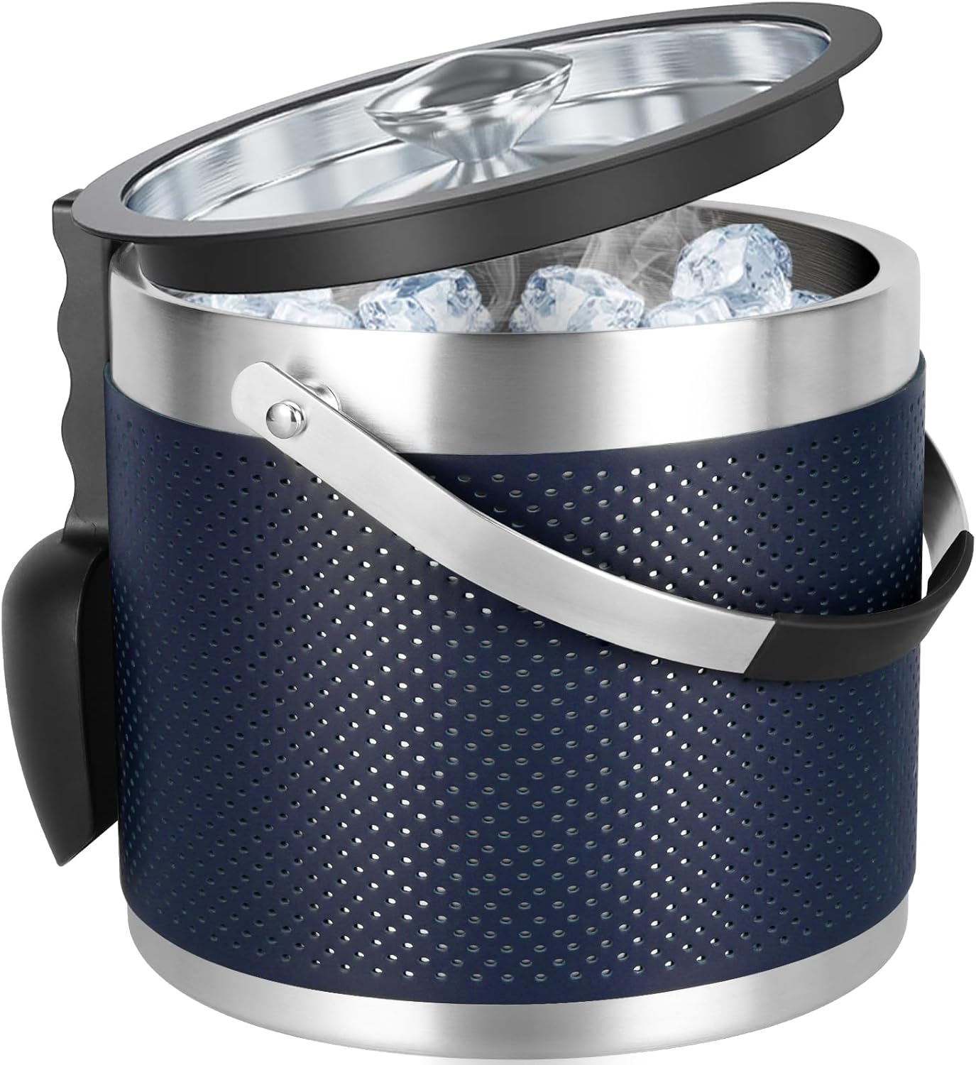 3Quart/3.2L Insulated Stainless Steel Ice Bucket with Lid, Scoop, Leather Design Double Wall Wine Bucket for Cocktail Bar, Parties (Dark Blue)