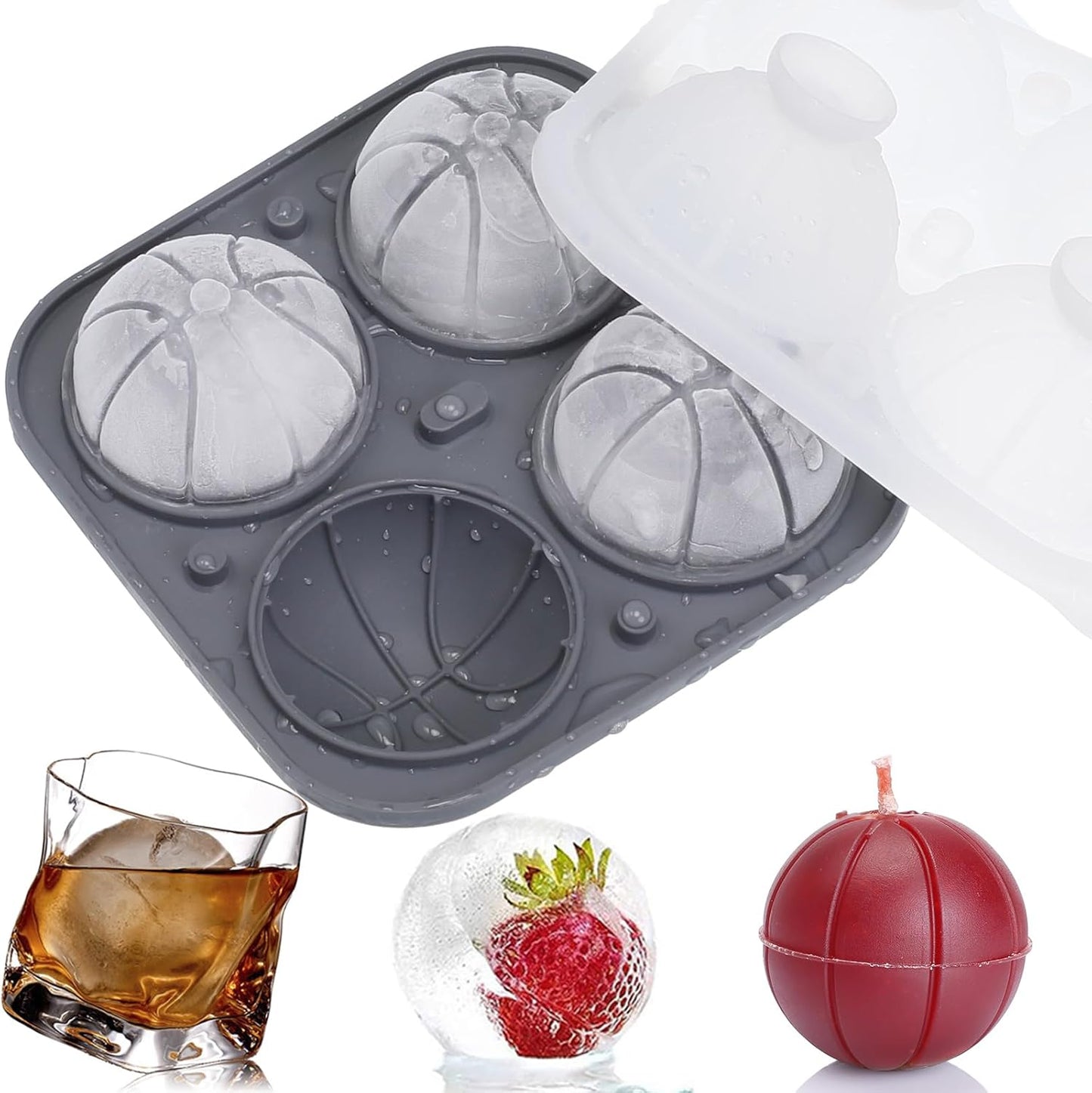 Ice Ball Mold, Large Basketball Shaped Silicone Round Ice Cube Tray with Funnel Lid for Freezer, 4 Cavities Big Sphere Ice Molds for Whiskey/Cocktail/Fruit Drinks/Ice Cream/Wax Melt/Candle