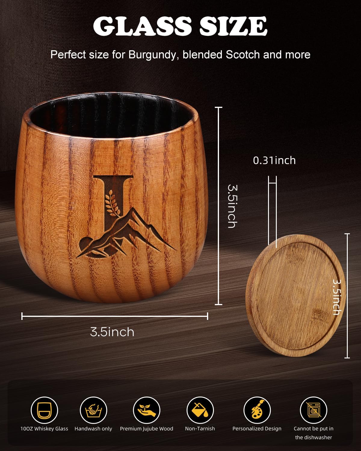 Charred Wooden Whiskey Glasses Personalized Bourbon Drinking Glass Ideas Gifts for Men Husband, Dad, Brother, Whiskey Lovers Birthday Insulated Old Fashioned Glass Whiskey Tumbler J