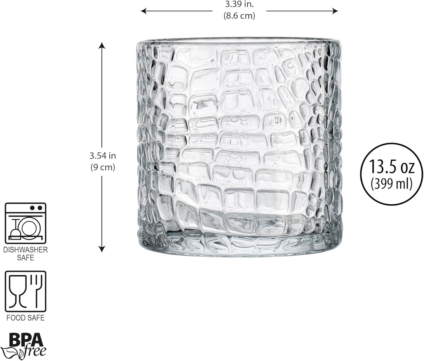 Glaver's DOF Set of 4 Clear 13oz Drinking Glasses Patent Crackle Textured Design Double Old Fashioned Whiskey Glasses Home Everyday Bar Glassware
