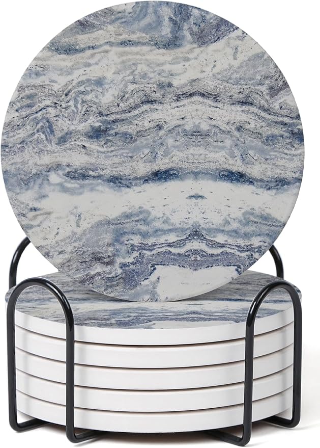 Set of 6 Mix Color Abstract Onyx Marble Coasters with Holder, Absorbent Ceramic Coasters for Drinks, Coasters with Cork Backing for Table Protection, Home Decor, Coffee Table Decor - B0DD3LXV56