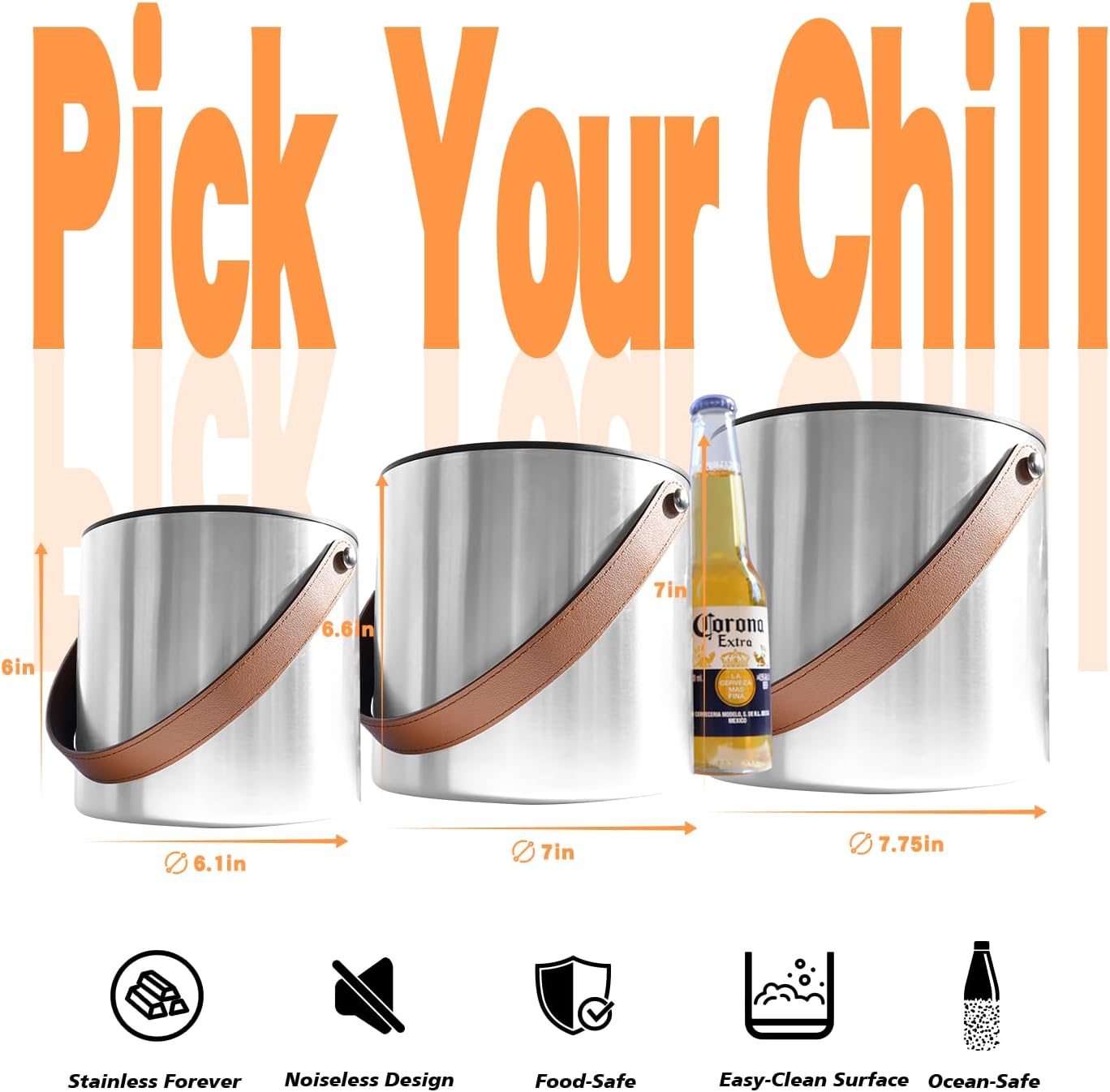 Bakpoco Double-Wall Vacuum Insulated Ice Bucket with Lid, Scoop, Ice Tong, Strainer & Leather Handle Keep Ice Frozen Longer Large Wine Ice Buckets for Cocktail Bar,Parties Chilling Beer Champagne 3L
