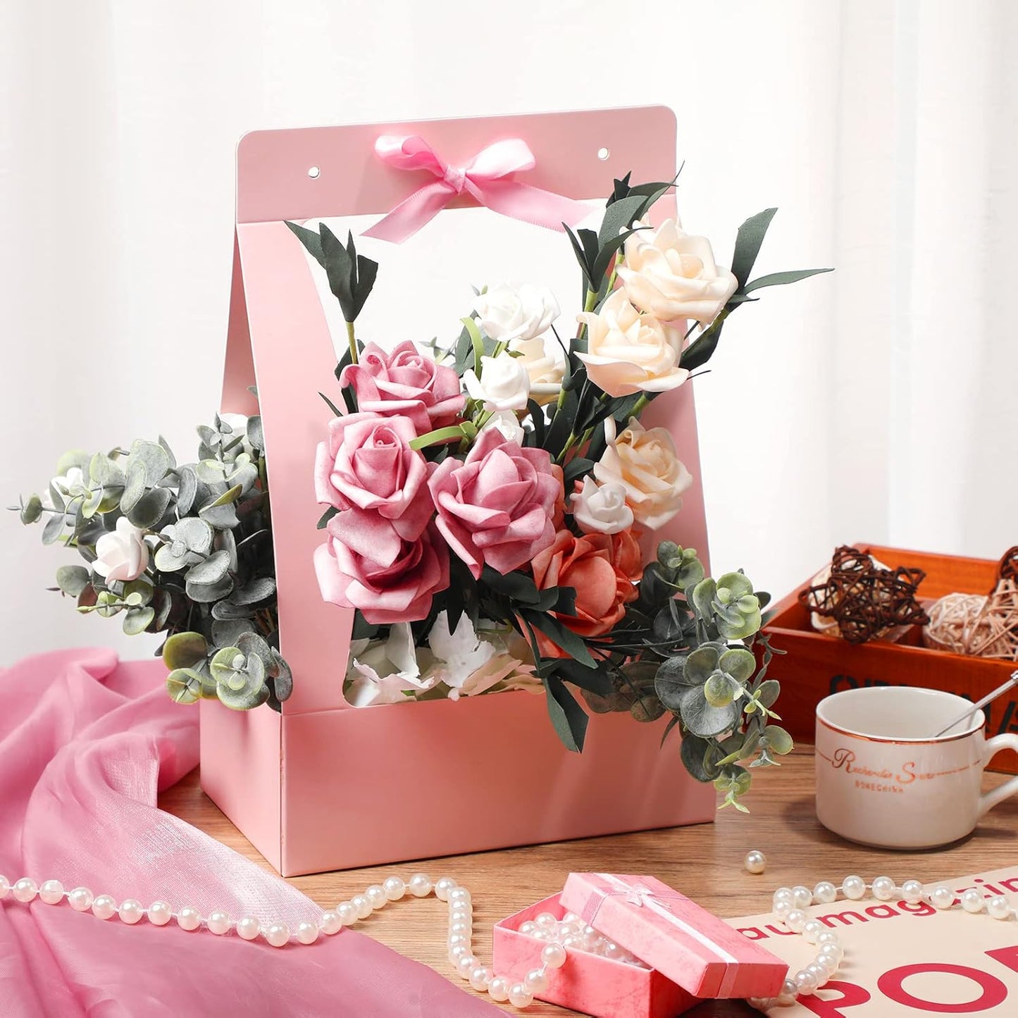 Teling 24 Pcs Mother's Day Flower Boxes for Arrangements Paper Pink Flower Gift Bags for Bouquets Portable Waterproof Floral Box with Handle for Wedding Floral Bar Mom Party Decor Florist Supplies