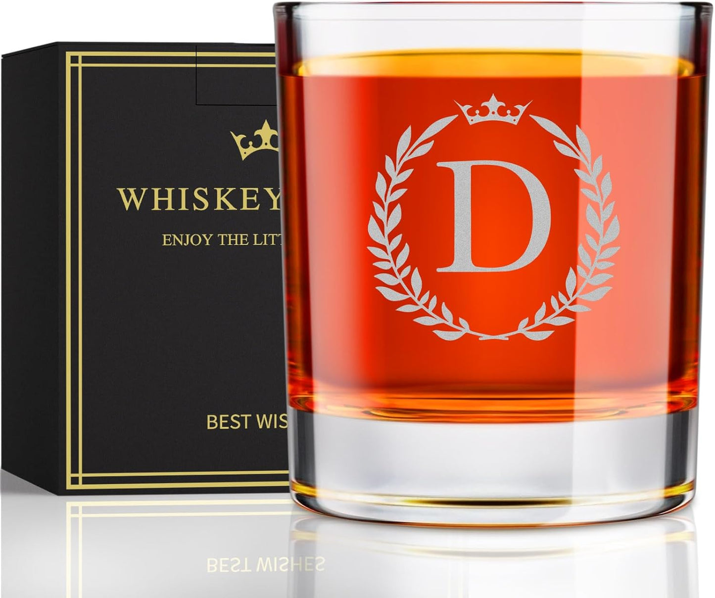 Astonlink Personalized Whiskey Glasses Gifts for Men, Monogrammed Engraved A-Z 10.6 oz Rocks Glass Customized Gift, Unique Fathers Day Birthday Gifts for Men Him Dad Husband Brother Son (D)