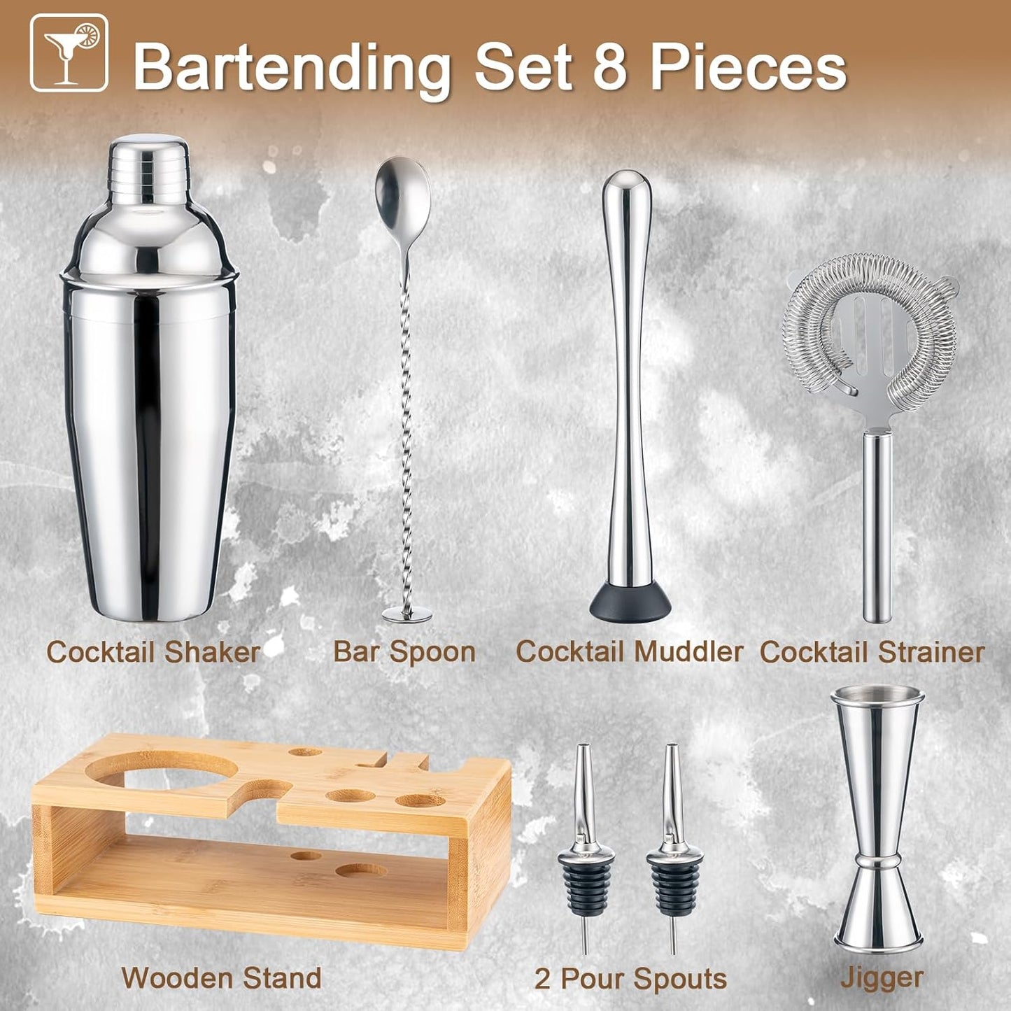 BRIOUT Cocktail Shaker Set Bartender Kit with Stand, Bar Set Drink Mixer Set with All Essential Accessory Tools: Martini Shaker, Jigger, Strainer, Mixer Spoon, Muddler, Liquor Pourers | Silver