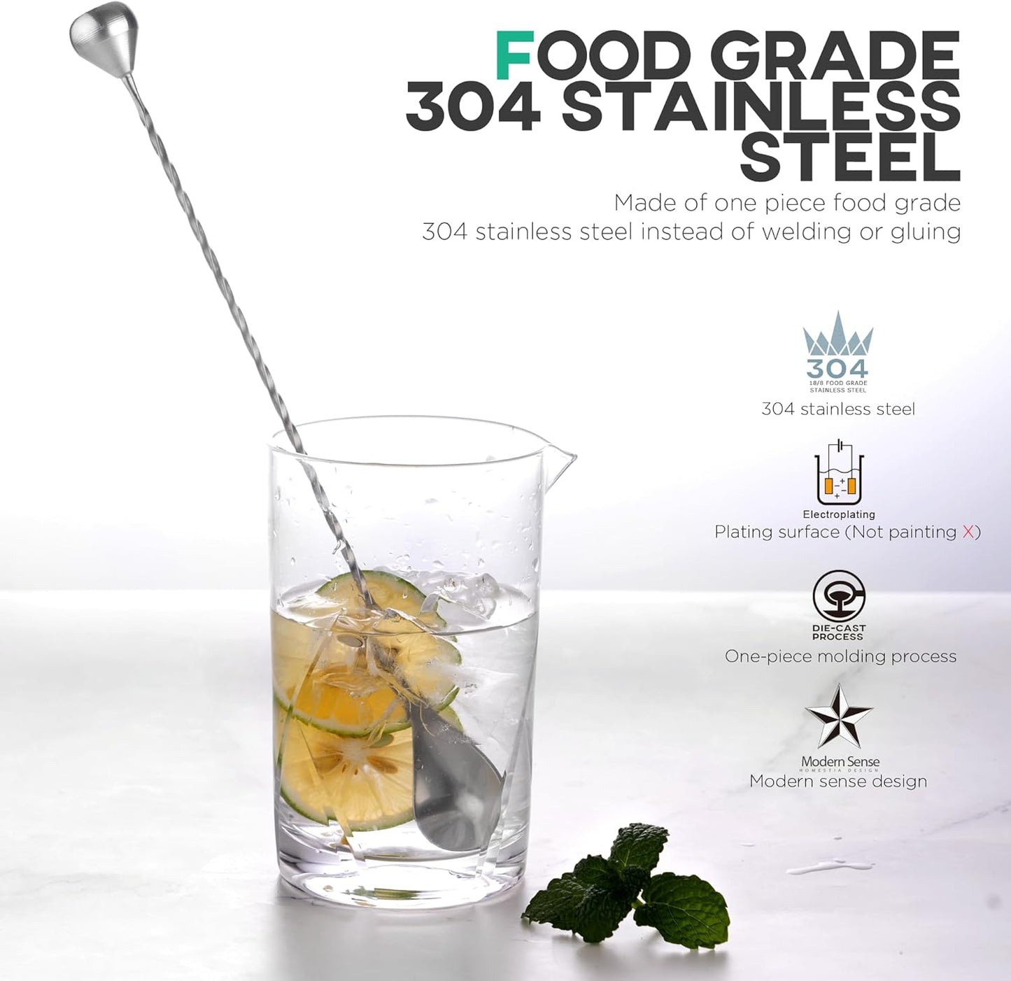 Homestia Muddler Bar Spoon, 12 Inch 30cm Long Handle Drink Stirrer, Stainless Steel Bar Cocktail Mixing Spoons with end Muddler for Cocktail Stirring Weighted Teardrop (Silver)