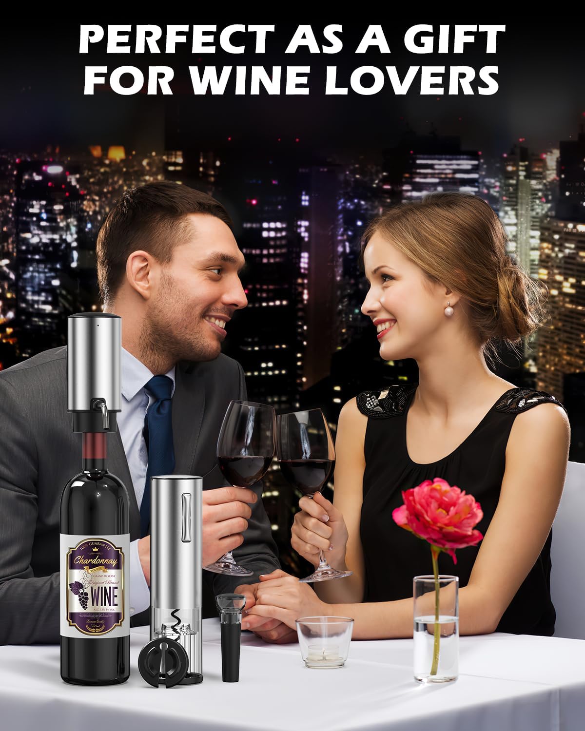 Electric Wine Opener Set, 4 in 1 Electric Wine Bottle Opener, Rechargeable Corkscrew Opener with Aerator, Foil Cutter, Vacuum Stopper, Ideal Present for Wine Lovers, Party, Wedding