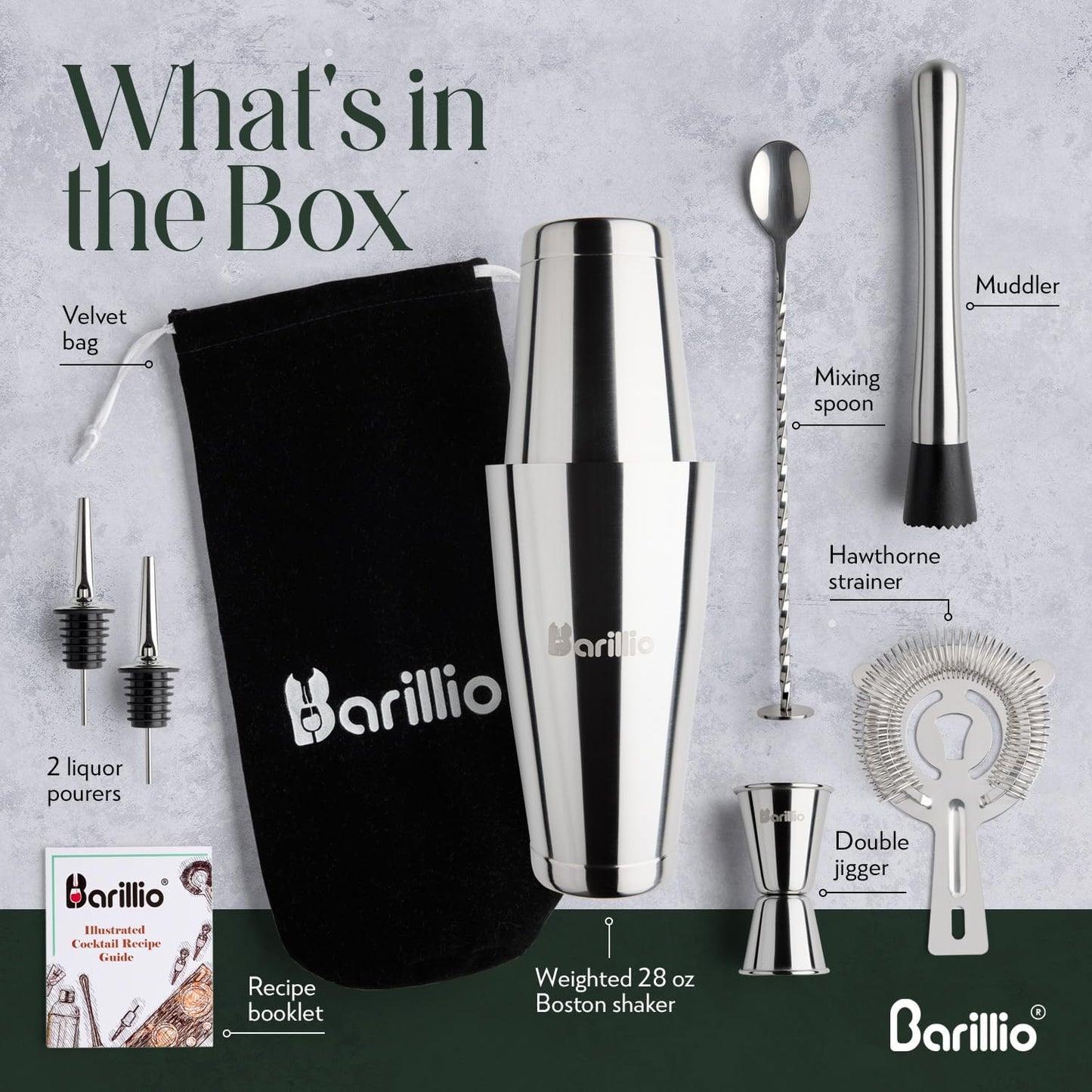Barillio Boston Shaker Set - Stainless-Steel, Weighted, Martini Cocktail Shaker Set w/Strainer & Mixer - Mixology Bartender Kit - Bar Set for The Home - 9-pc Drink Shaker Set - Bar Tools - Silver