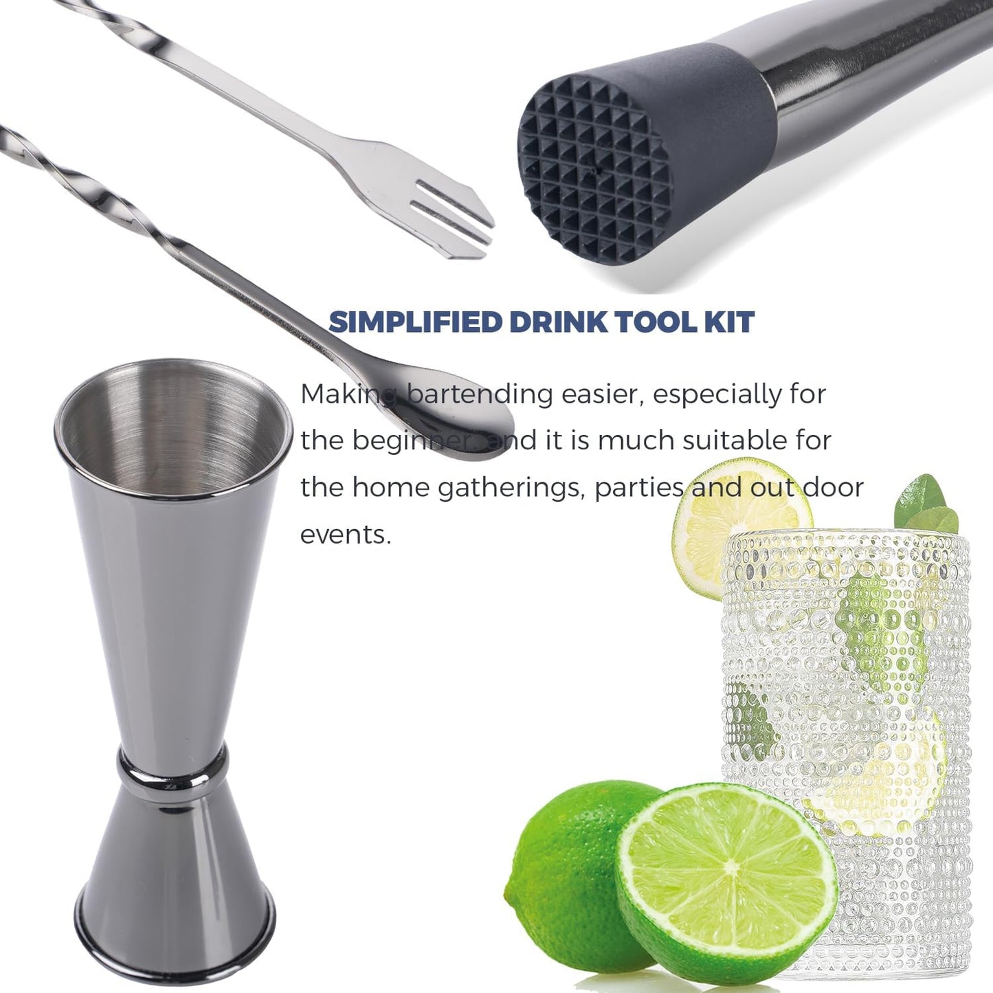 8 Inches Stainless Steel Muddler for Cocktails, Matching Jigger and Bar Spoon with Cocktail Muddler - 3 Pcs Drink Muddler for Cocktails