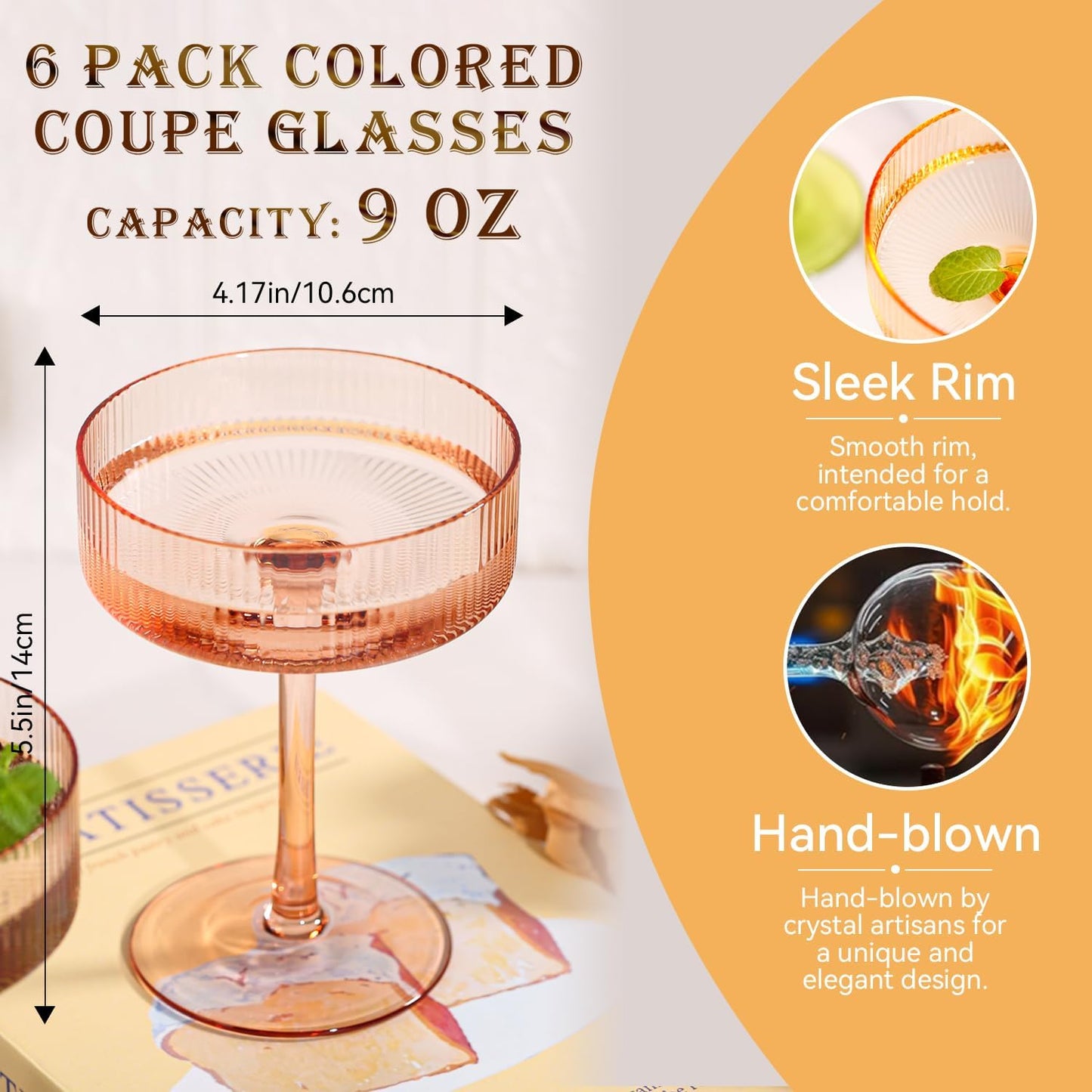 Colored Coupe Glasses Set of 6 |9 oz martini Glasses |Colorful Cocktail Glasses Set,Colored Coupe Glass,Champagne Coupe Glasses for Cocktail,Martini,Champagne