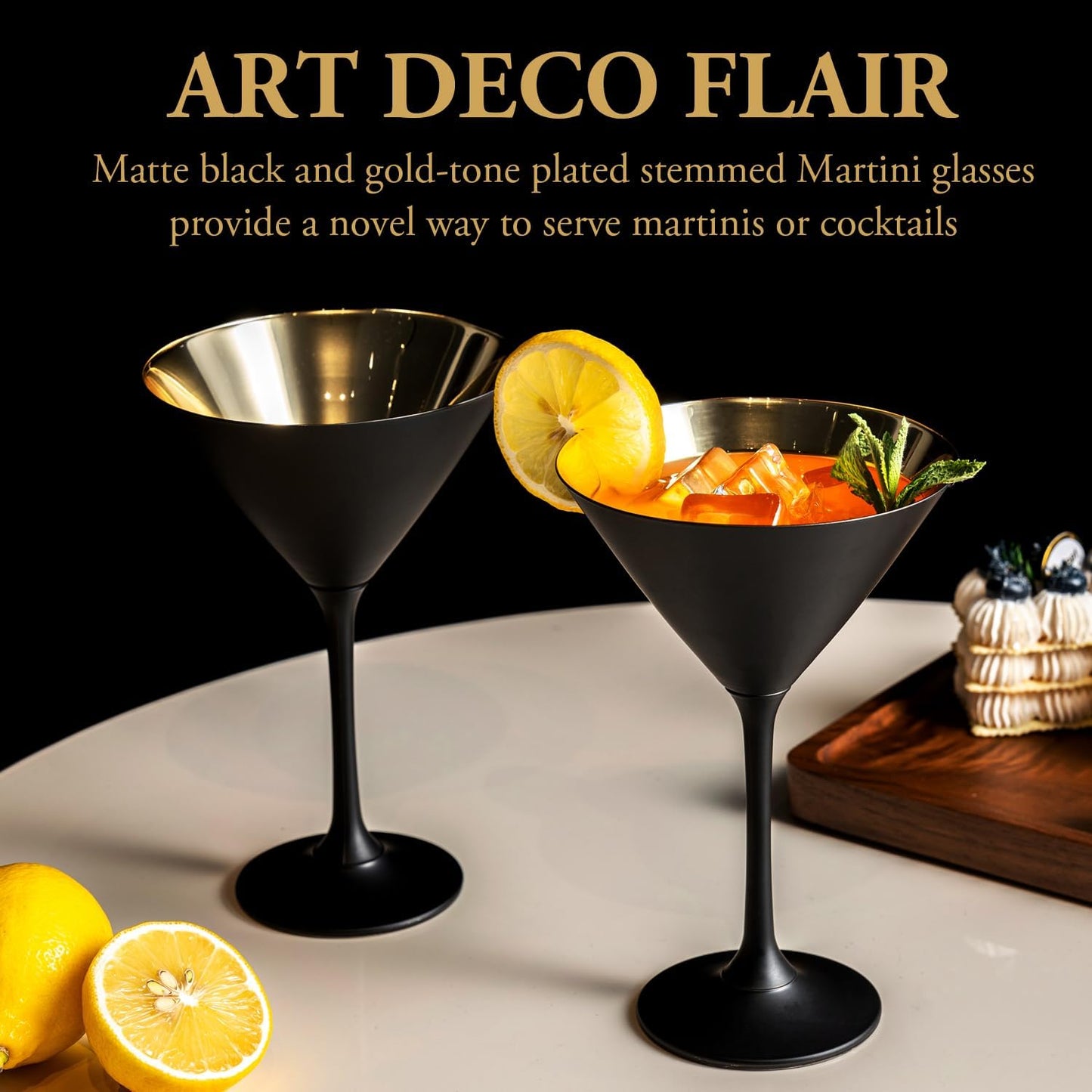 MyGift 8 Ounce Modern Matte Black and Metallic Gold Tone Plated Martini Glasses, Drinking Glass for a Cocktail Party, Wedding, or Anniversary Dinner, Set of 4