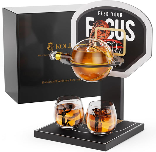 Kollea Basketball Whiskey Decanter Set with Black Court Stand & 2 Glasses, Stylish Liquor Decanter Gift for Men, Dad, Brother, Husband, Sports Lover - Birthday, Anniversary, Christmas, Retirement Gift