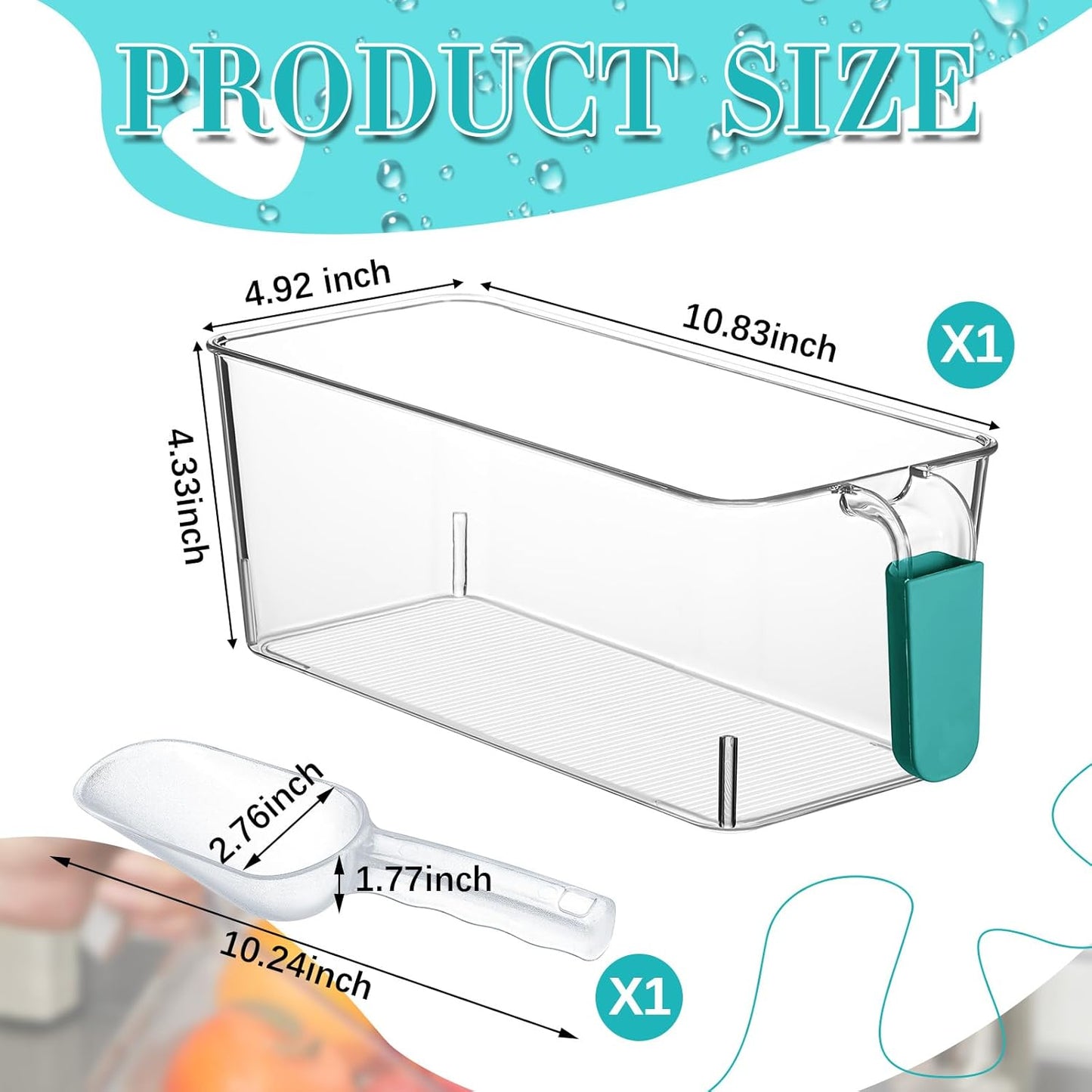 Havawish 1 Set Ice Bin and Flexible Scoop Set Plastic Freezer Ice Bin with Pull out Handle Storage Bucket Clear for Container with Bucket Scoop (10.83 x 4.92 x 4.33 in,Blue)