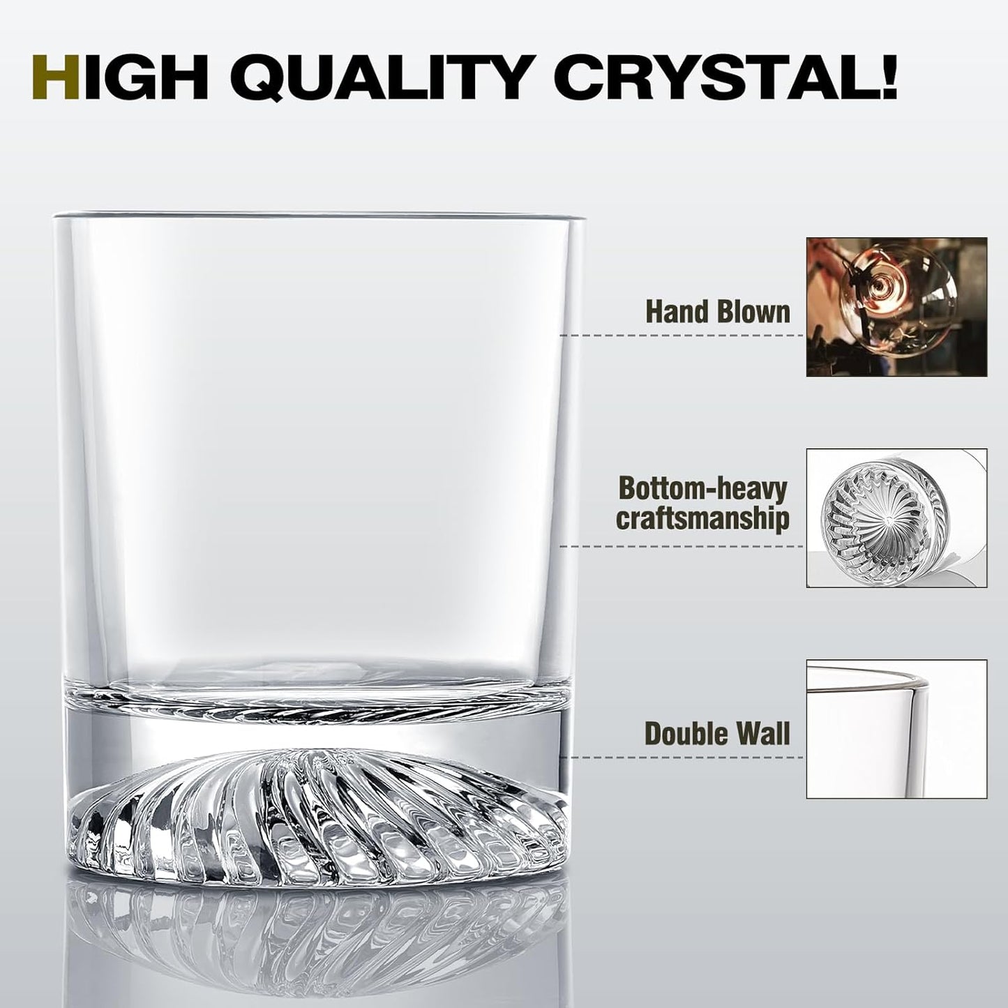 KITNATS Hand Blown Crystal Old Fashioned Whiskey Glasses Rocks Glasses Drinking Cocktail Bourbon Scotch Rum Vodka Liquor 12 OZ - set of 2 Gifts for Men