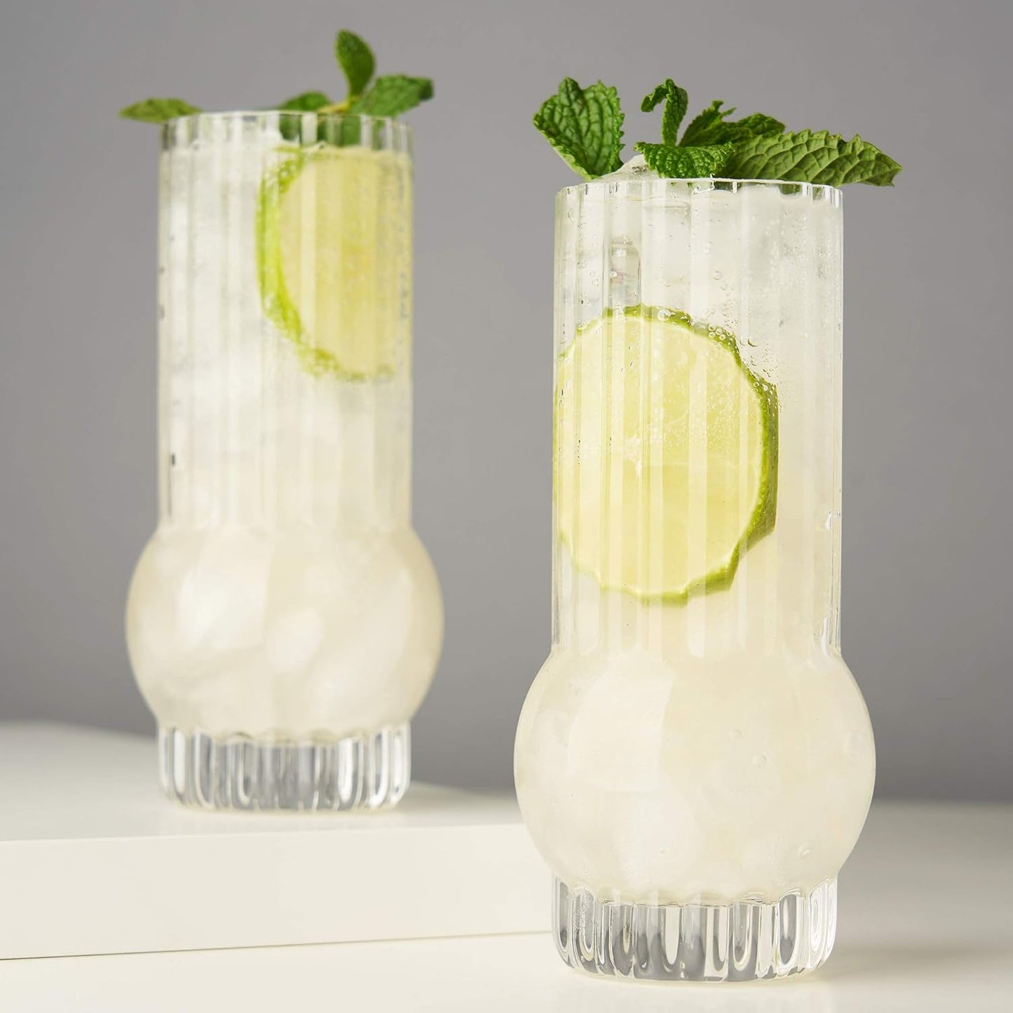 Viski Deco Crystal Island Highball Glasses Set of 2 - Premium Crystal Mojito and Gin and Tonic Glasses, Highball Cocktail Glassware Gift Set, 13 oz