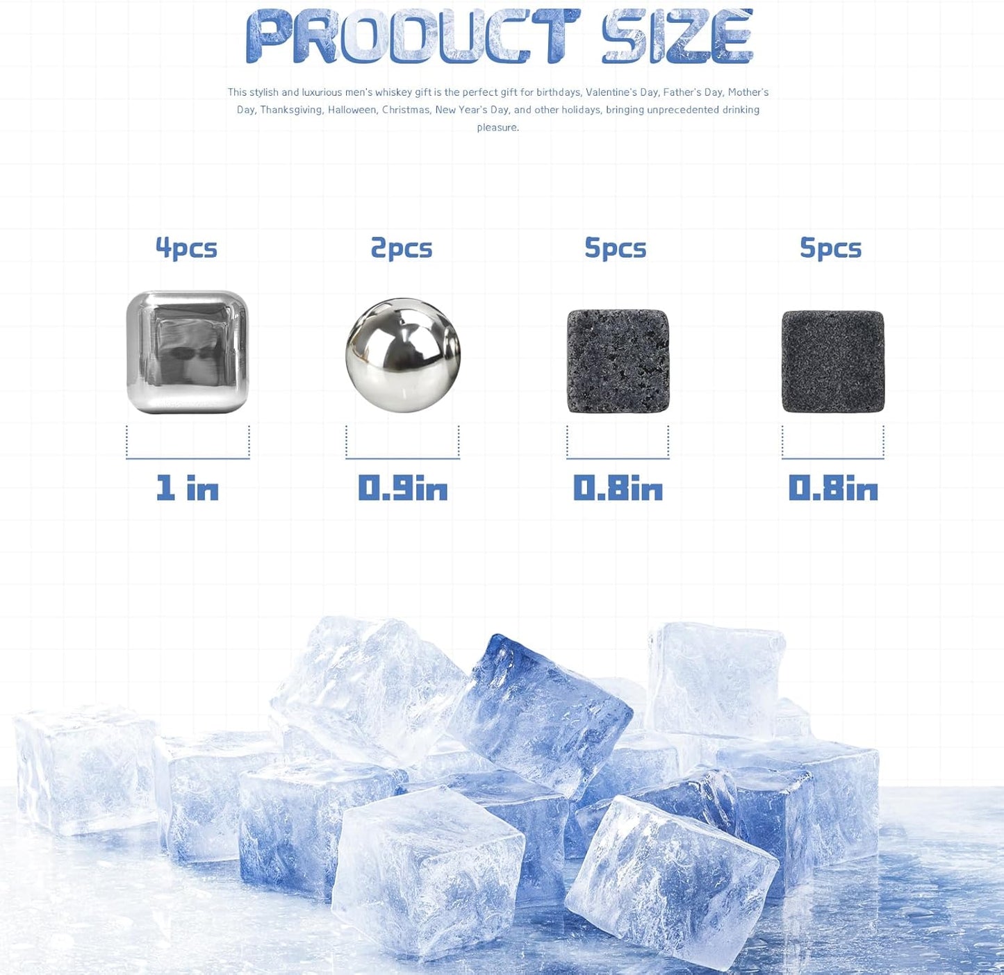 16 Pcs Whiskey Stones, Include Metal Ice Cube, Granite Stones, Whiskey Balls, Reusable Whiskey Stones Set for Wine Bourbon Whiskey Gifts for Men Dad Husband Boyfriend