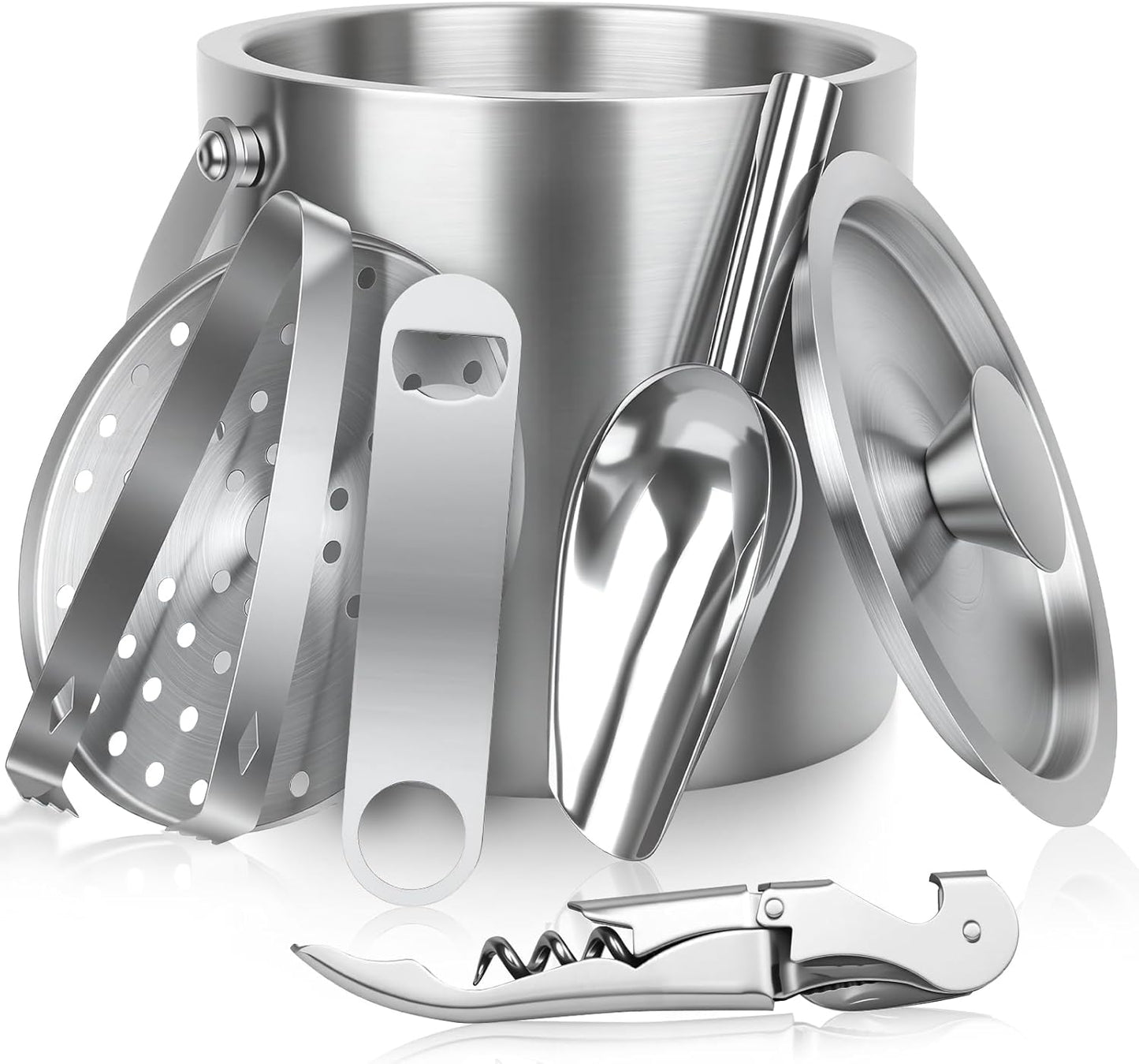 3L Ice Buckets for Parties 6PC Set, Stainless Steel Double-Wall Insulated Ice Bucket with Lid, Scoop, Tongs, Beer & Wine Opener – Ideal for Cocktail Bar, Outdoor Events & Keeps Ice Frozen Longer