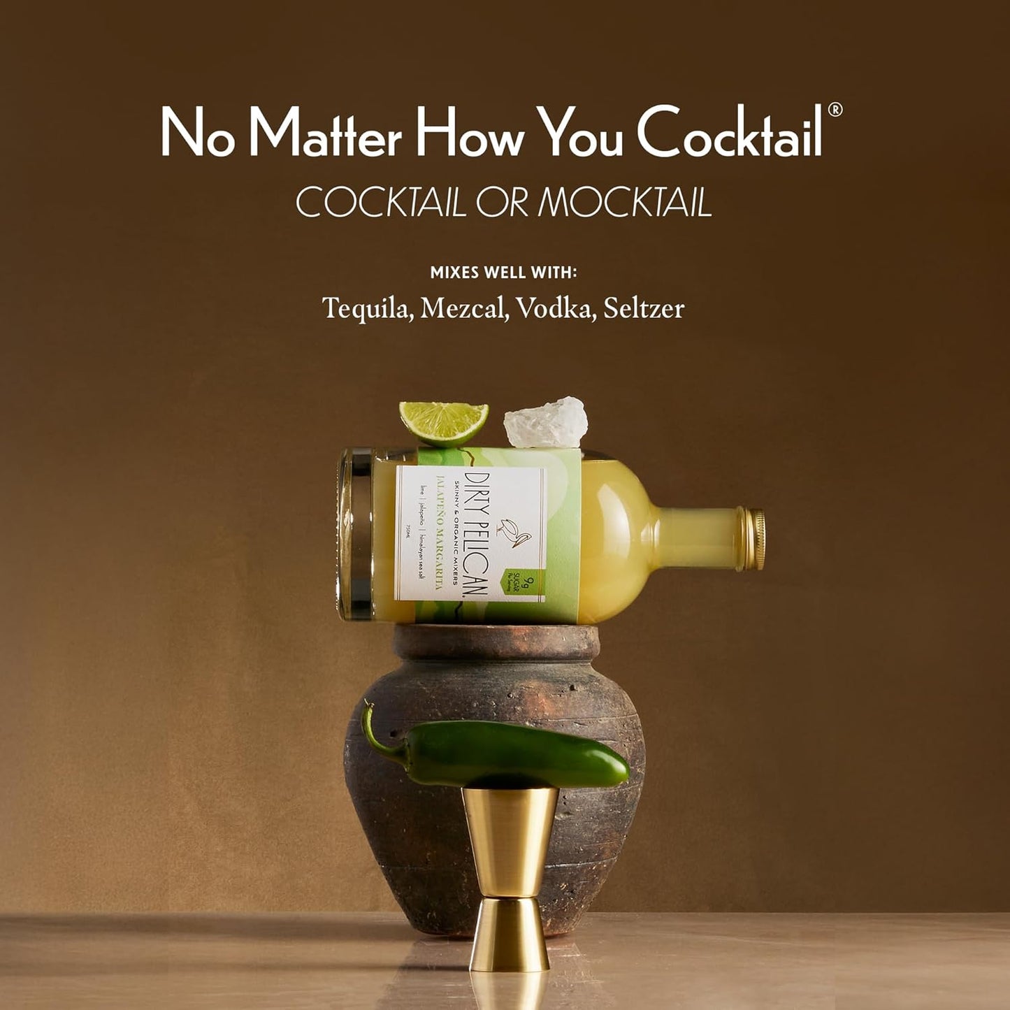 Dirty Pelican Cocktail Mixers - Spicy Jalapeno Margarita - Skinny & Organic Drink Mixes for Cocktails - Low Calorie Mocktails - Low Sugar - Vegan - Gluten Free - No Preservatives - 750ml (1 Bottle)