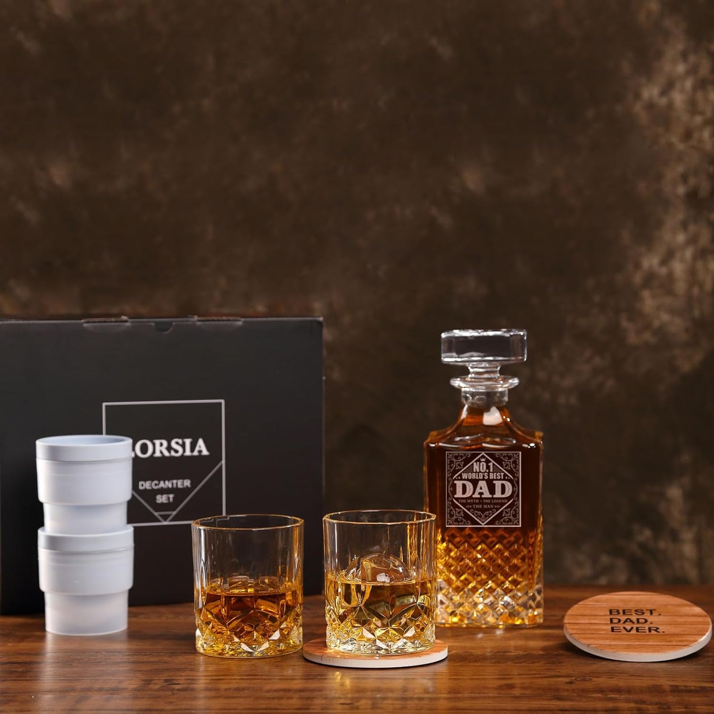 Gifts for Dad Men, Whiskey Decanter Set with Gift Box, Unique Christmas from Daughter or Son, Perfect Birthday and Retirement Present for Men - Includes 2 Ice Molds, 2 Coasters, and a Gift Card