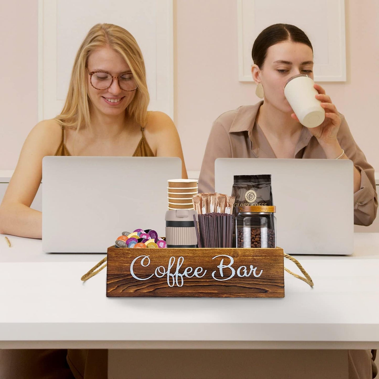 QUALLON Coffee Station Organizer with Small Removable Dividers, Wooden Coffee Bar Accessories Storage For Countertop, Farmhouse Kcup Coffee Pod Holder Basket With Handle For Coffee Lover