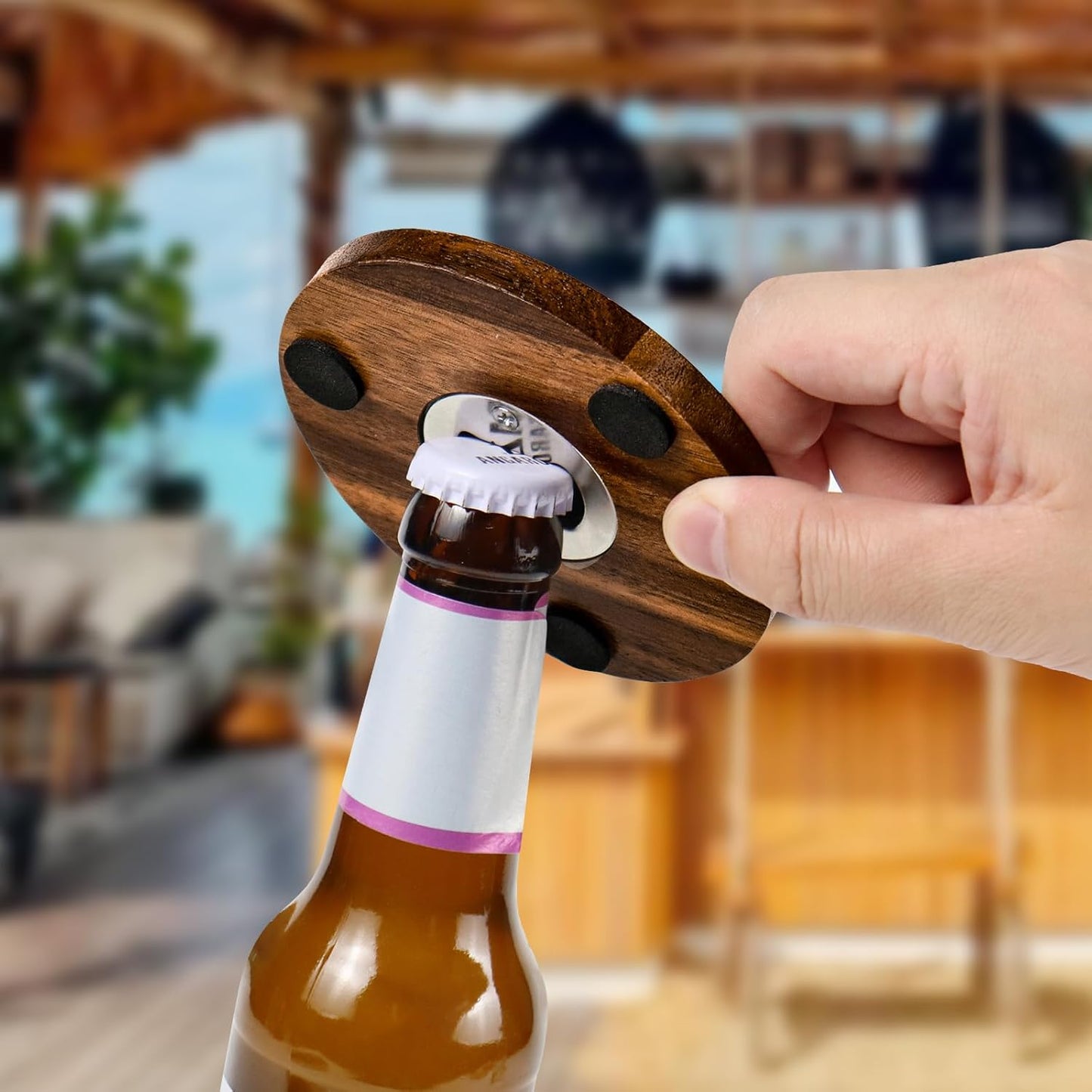 2-in-1 Wood Coasters with Bottle Opener, Set of 4 with Holder– Funny Acacia Wood Drink Coasters with Stainless Steel Openers & Non-Slip Feet – Durable and Functional for Beer or Soda Drinking