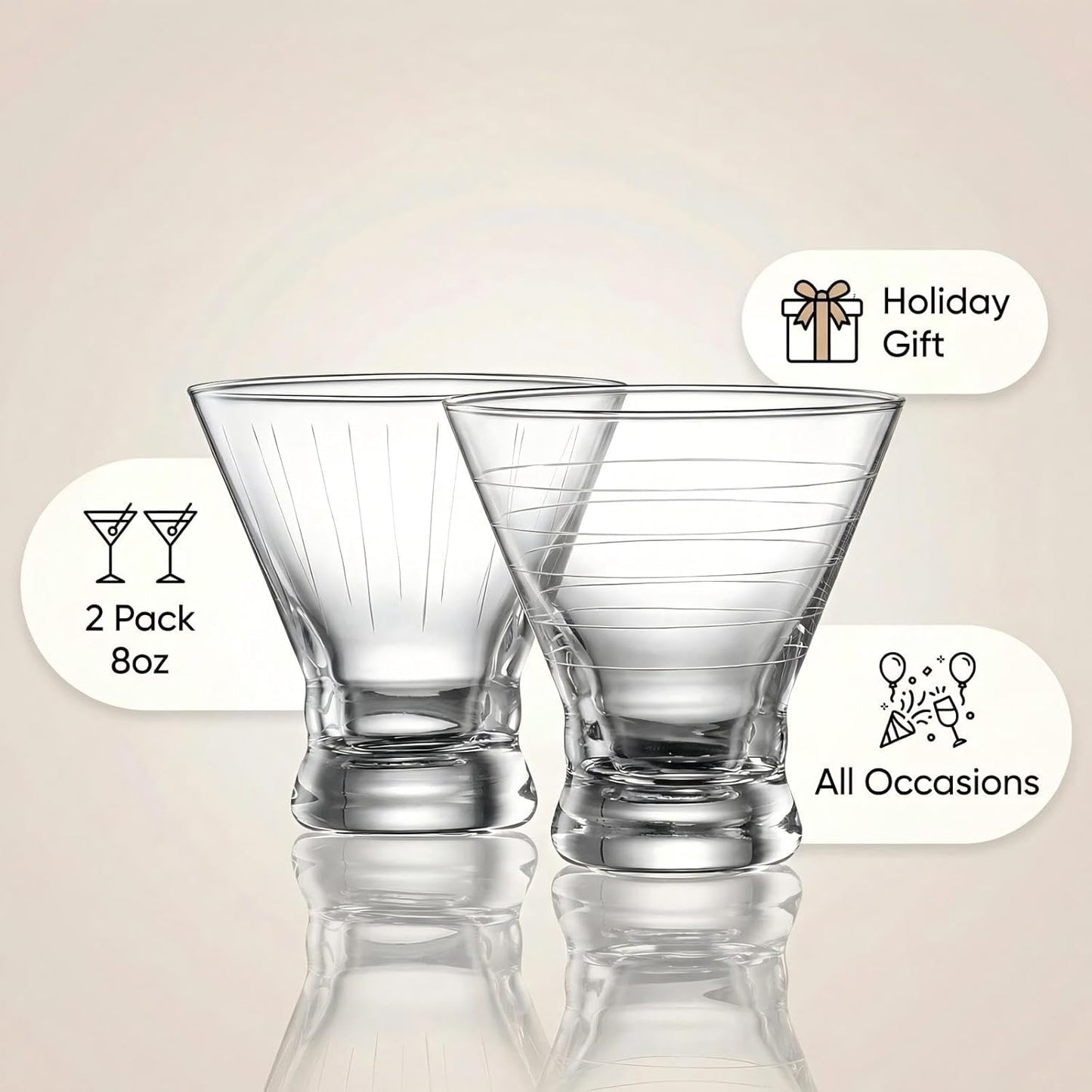 Cocktail Shaker Glass,Martini Maker Set/Kit. Stemless Martini Shaker Glasses S/ 2-8 oz w/Design, Free Crystal Espresso Glass, Coupe for Holiday, Christmas,Parties,BBQ, Outdoor.
