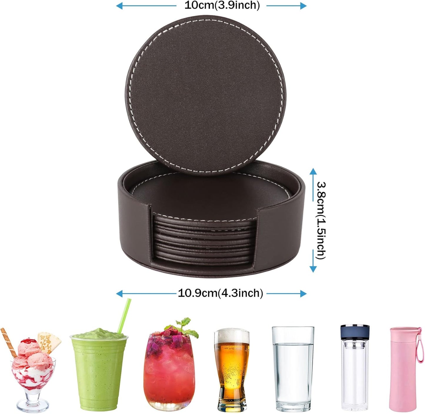 Leather Coasters for Drinks(6 Pack), Handmade Durable Drink Coasters Set with Holder for Tabletop Protection, Luxurious Home Décor and Housewarming Gift (Brown)