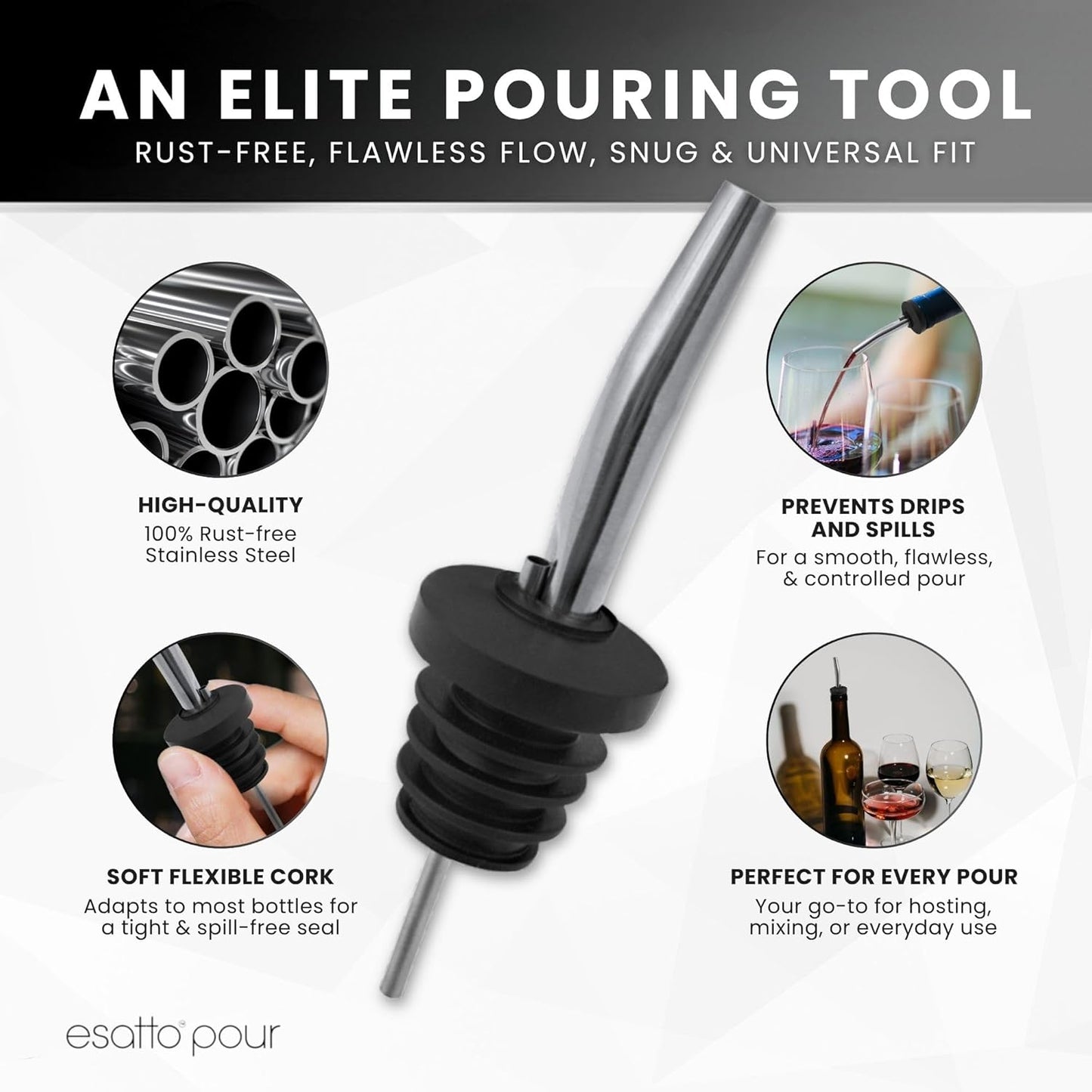 Stainless Steel Liquor Bar Bottle Pourers - Drip-Free Nozzle - Pour Spouts for Alcohol & Bartending - Universal Fit Speed Spout - Rust-Free & Easy Clean - Chrome (24 Pack)