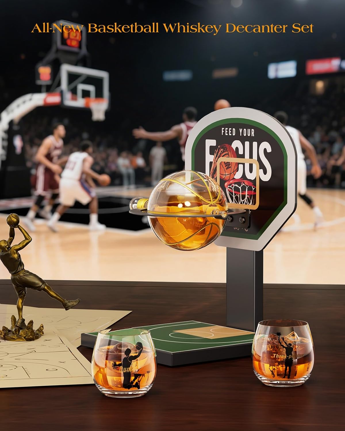 Kollea Basketball Whiskey Decanter Set with Green Court Stand & 2 Glasses, Cool Whiskey Gifts for Men, Dad, Boyfriend, Coach, Basketball Fans - Birthday, Game Day, Christmas, Retirement Gift idea