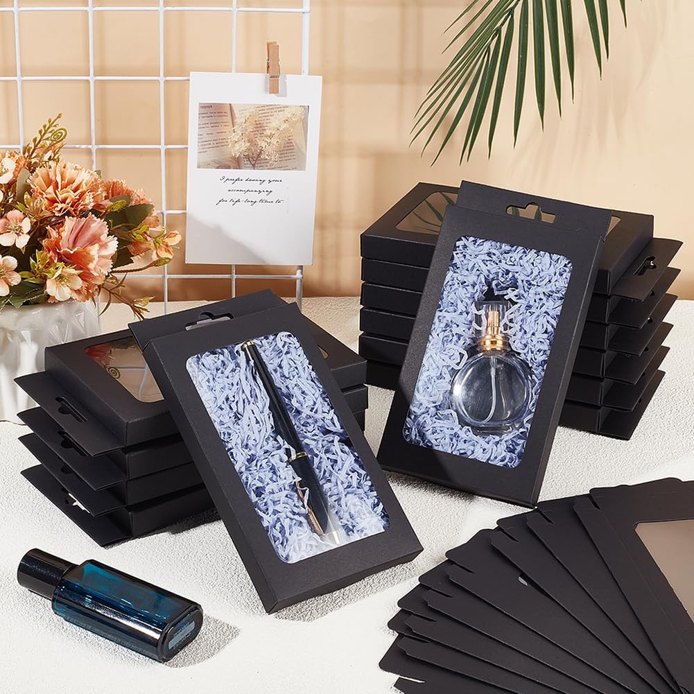 BENECREAT 20 Pack Kraft Paper Boxes with Clear Window 7.5x4x1inch Black Gift Packaging Boxes for Bakery Cookies Cake Candy Wedding Party Favors