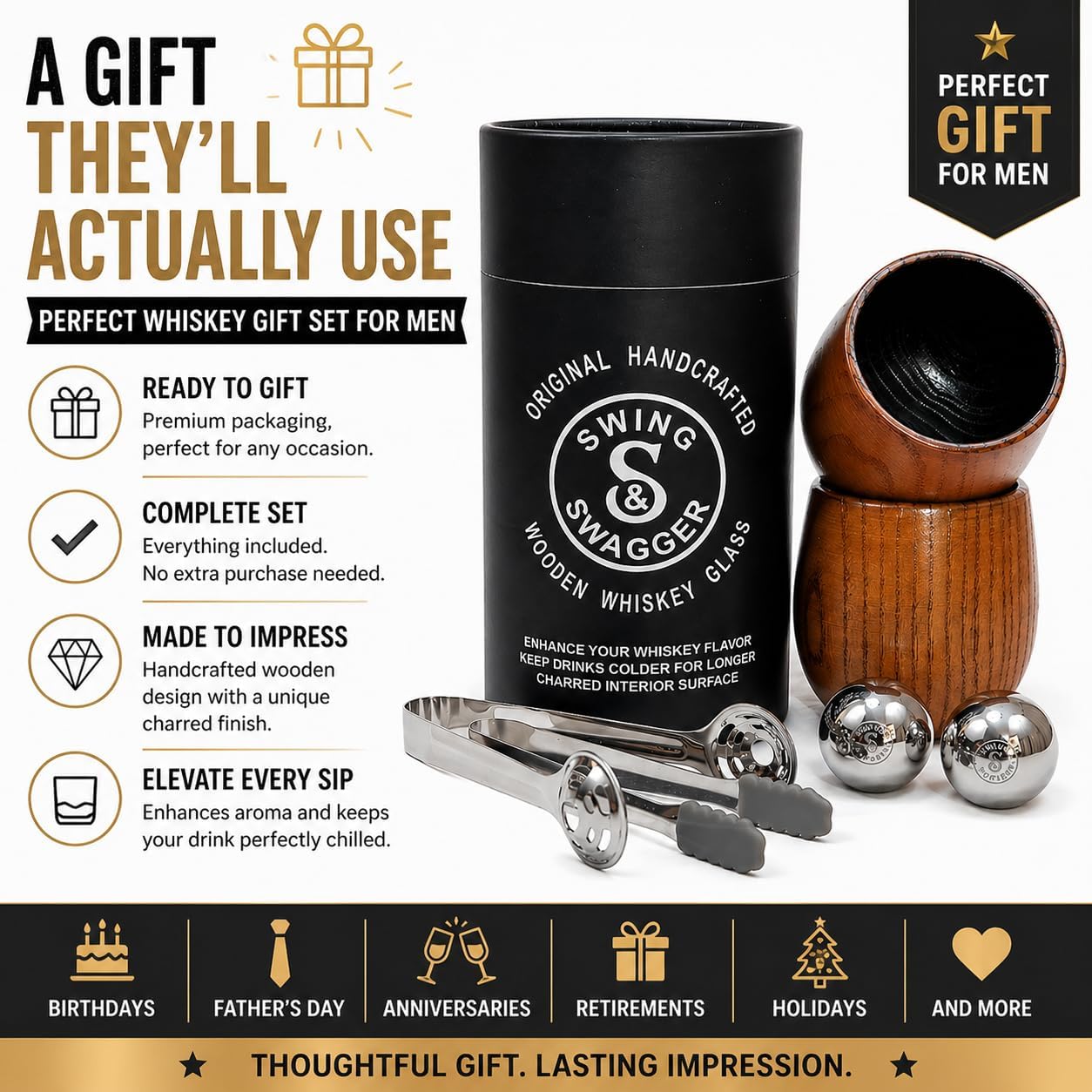 Charred Wooden Whiskey Glass Gift Set for Men (2 Pack) – Bourbon Glasses with Stainless Steel Chilling Balls, 2 Tongs & Storage Pouch – Unique Gifts for Men, Husband, Boyfriend, Whiskey Lovers