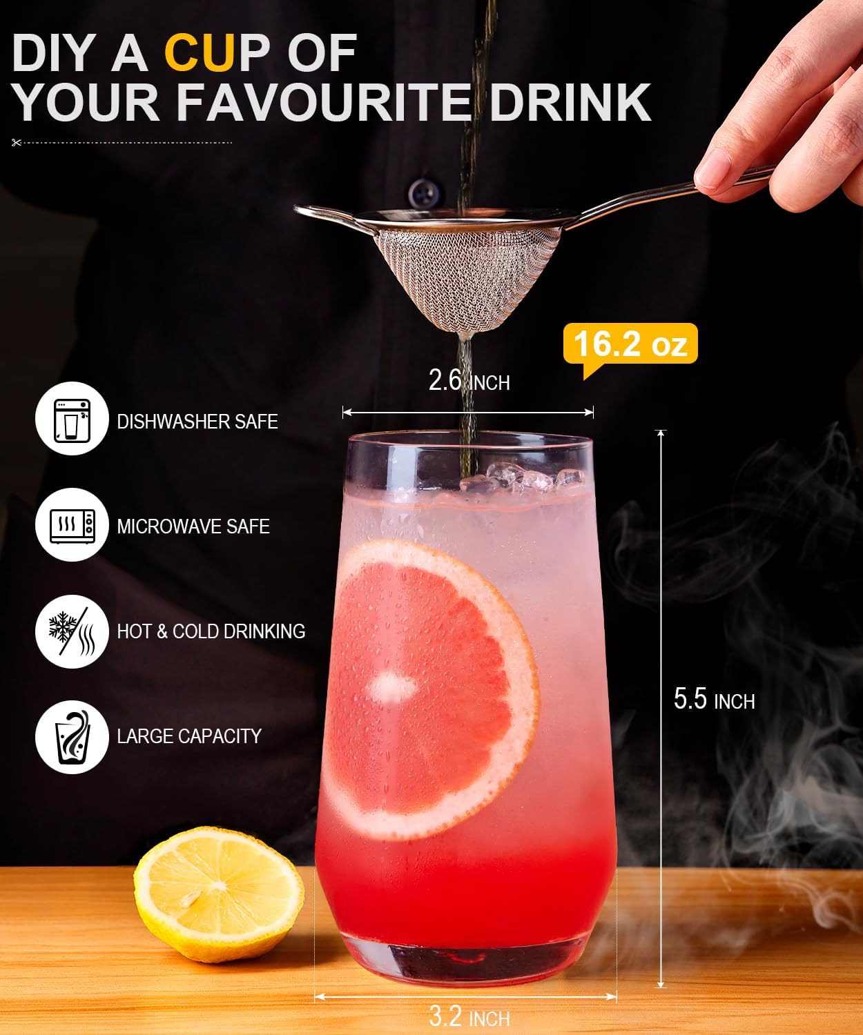 16.2oz Drinking Glasses Set of 8, Tall Water Highball Glasses, Unique Design Lead-Free Crystal Glassware, Glass Cups for Mojito and Mixed Drink Cocktail Glass Set