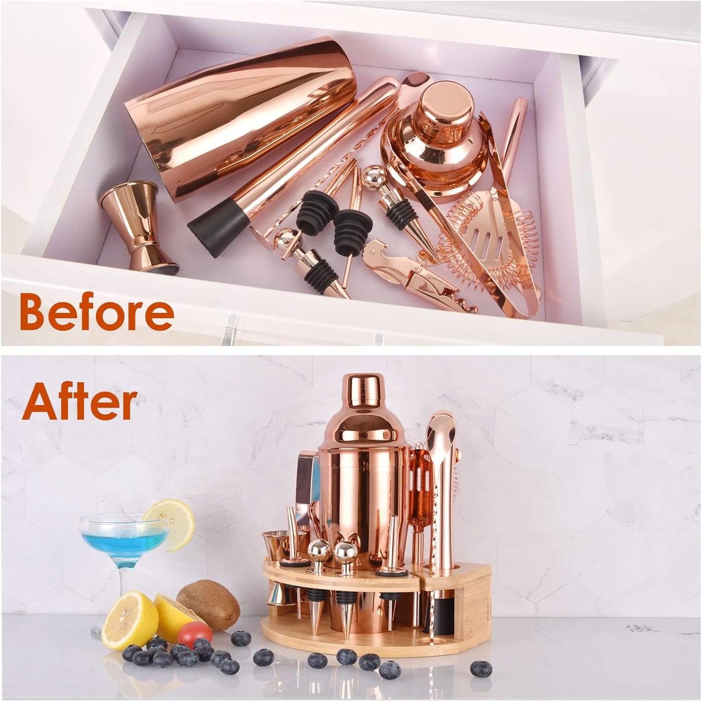 Bartender Kit with Stylish Bamboo Stand, 12 Piece 25oz Cocktail Shaker Set for Mixed Drink, Professional Stainless Steel Bar Tool Set, Gift for Man Dad- Cocktail Recipes Booklet (Rose Gold)