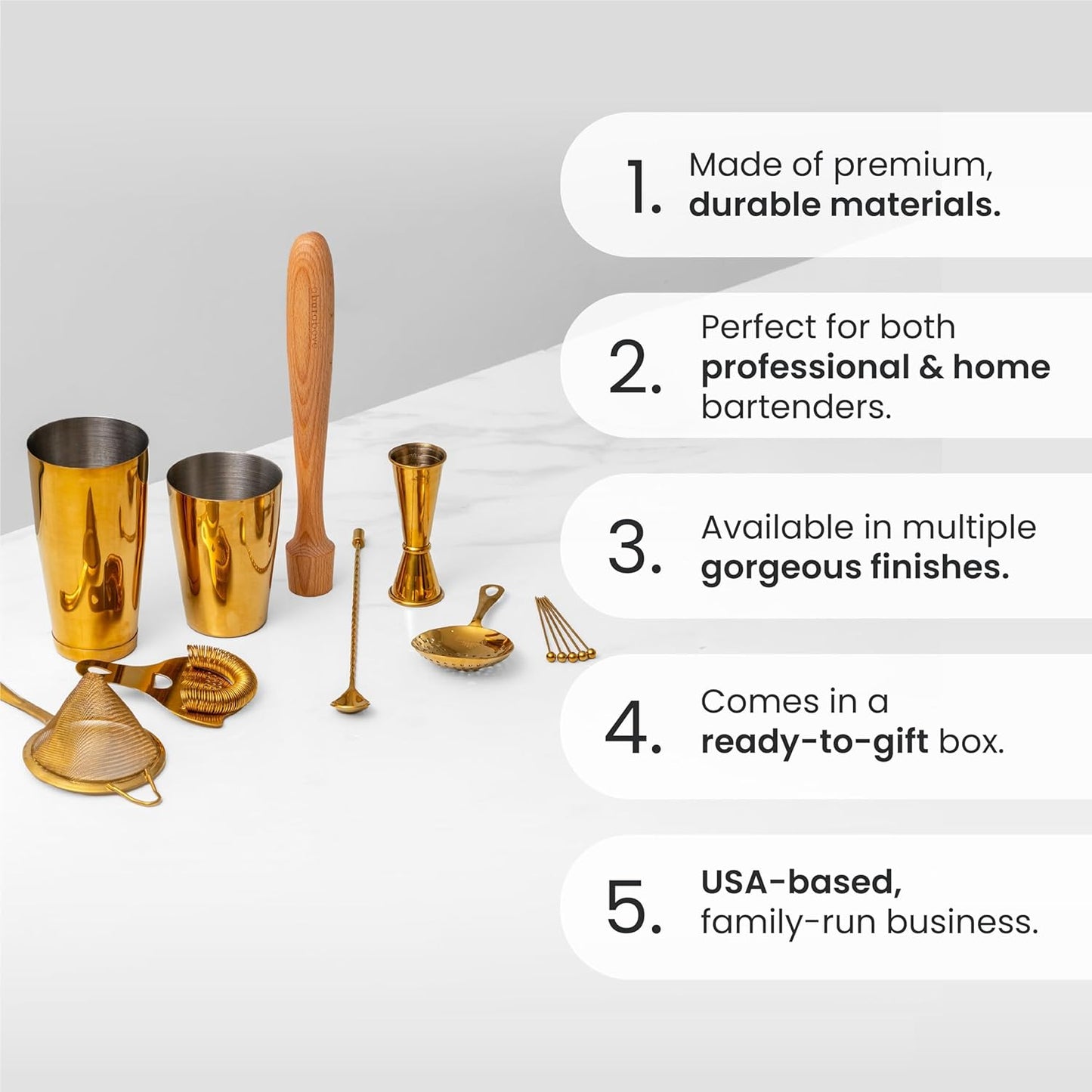 A Bar Above 14-Piece Antique Copper Bartender Kit, Premium Stainless Steel Barware Gift Set for Home Bar, Includes Shaker, Jigger, Strainers, Spoon, Picks, Professional Mixology Tools