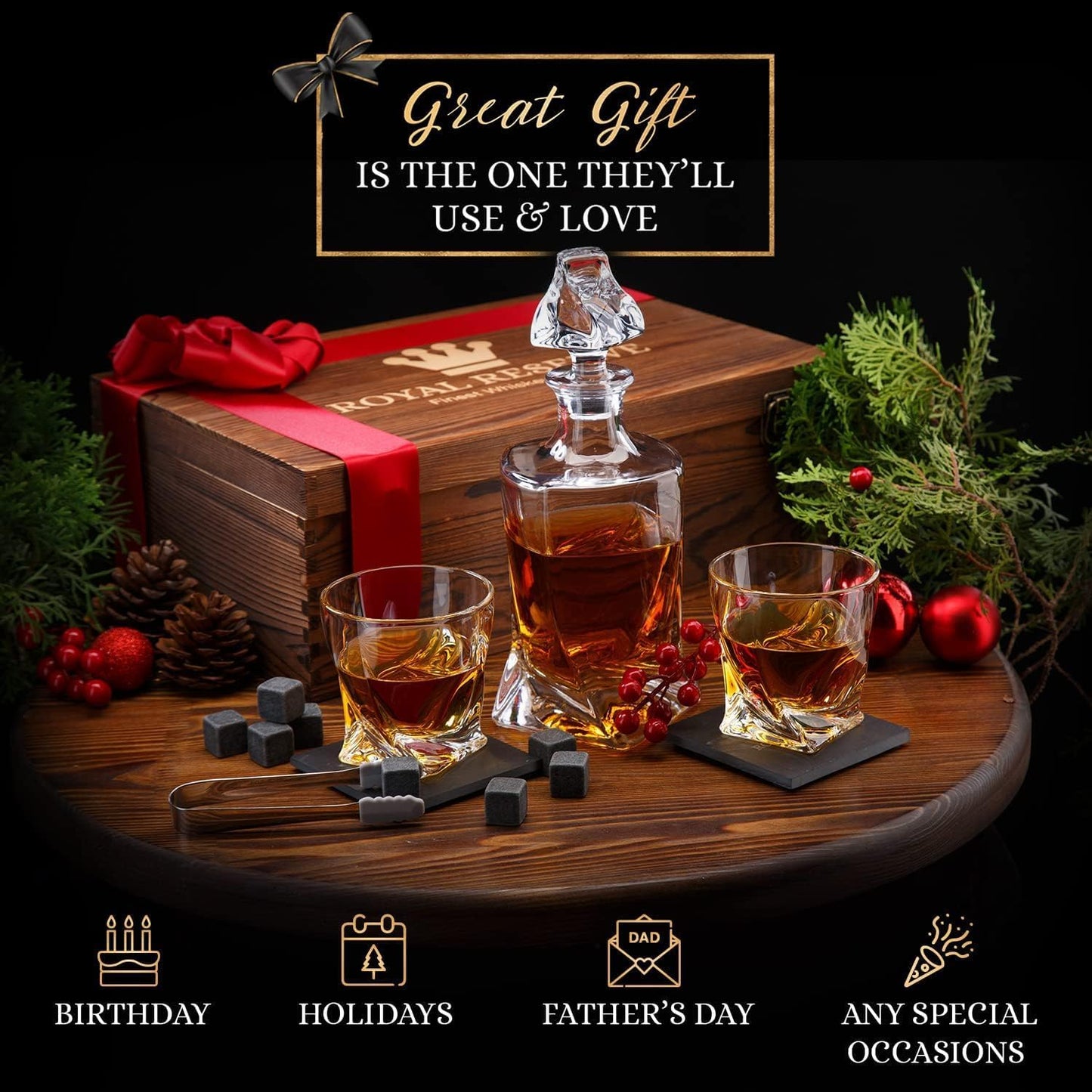 Whiskey Decanter Set by Royal Reserve – Whiskey Gifts Set - Twisted Bourbon Decanter 24 oz with Glasses, Whiskey Stones, Coasters, Tongs – Birthday Gift for Men, Husband, Him, Dad, Boyfriend