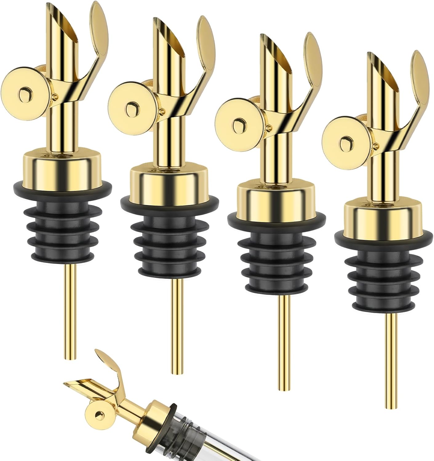 QPIX DIGITAL Weighted Stainless Steel Pourers, 4 Pcs Auto Flip Olive Oil Dispenser Spout, Alcohol Pourer Spouts, Liquor Bottle Pourers with Silicone Funnel, Gold Oil Dispenser for Kitchen