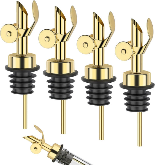 QPIX DIGITAL Weighted Stainless Steel Pourers, 4 Pcs Auto Flip Olive Oil Dispenser Spout, Alcohol Pourer Spouts, Liquor Bottle Pourers with Silicone Funnel, Gold Oil Dispenser for Kitchen