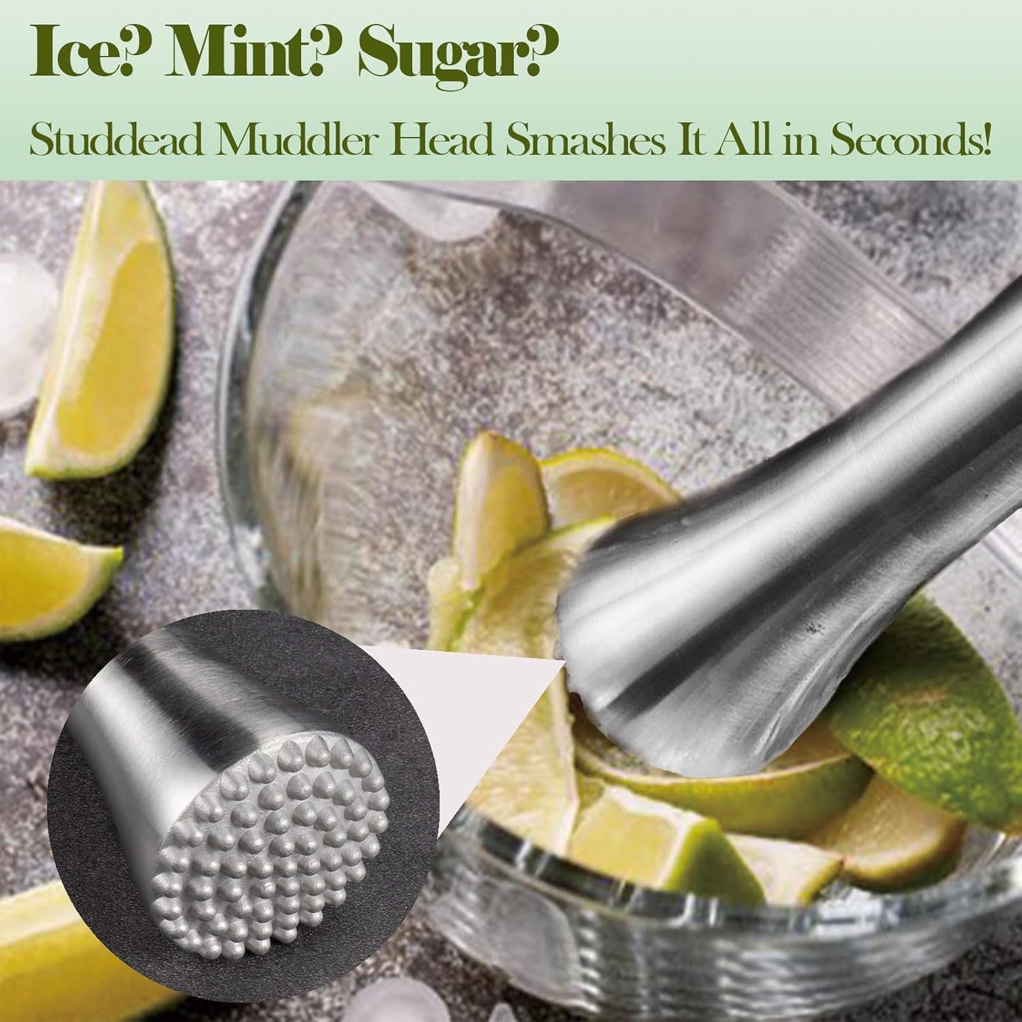 12.5" Muddler for Cocktails Stainless Steel Drink Muddler Bartender Accessories Lemon Smasher for Home Bar Tool Ice Crusher for Mojitos Fruit Drinks
