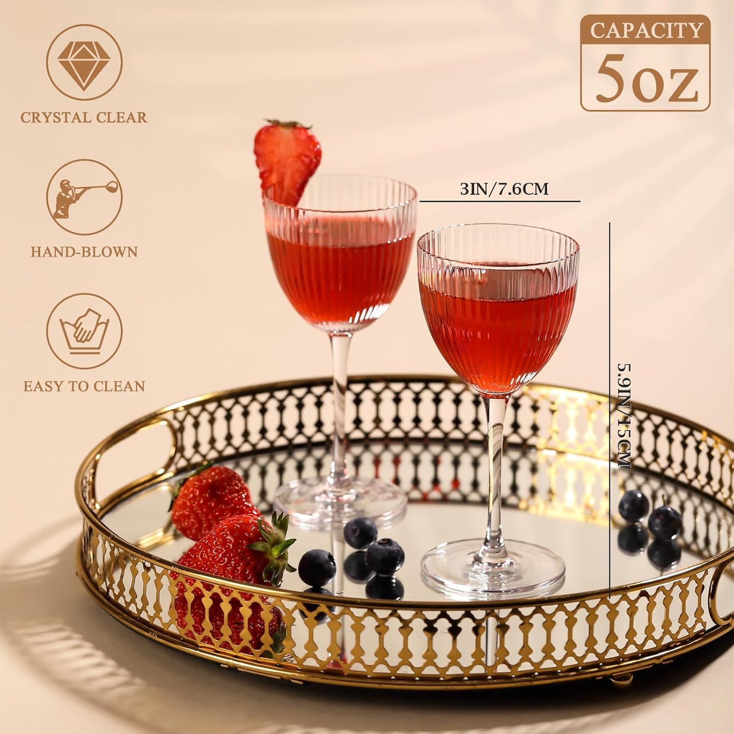Physkoa Nick and Nora Cocktail Glasses Set of 4 – 5 oz Hand Blown 100% Lead-Free Crystal Ribbed Martini, Manhattan, Espresso Coupe Glasses for Home Bar, Birthday Wedding Housewarming Gifts